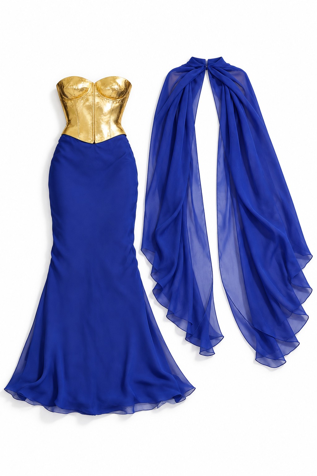 Gold sculpted bodice and cobalt gown