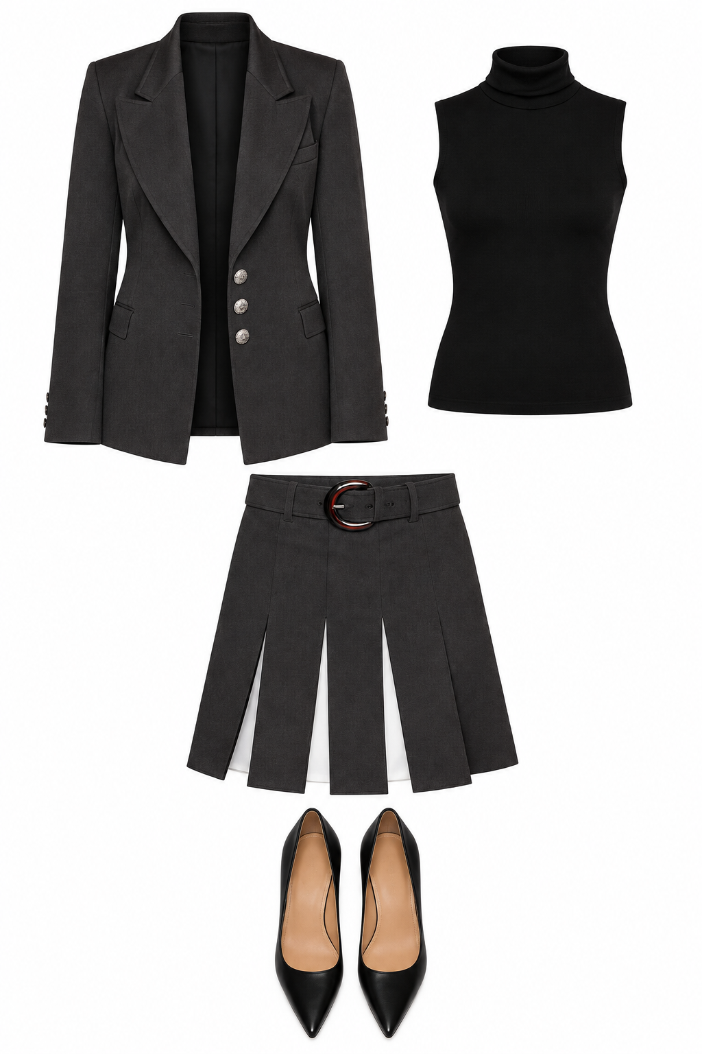 Black blazer and pleated mini skirt