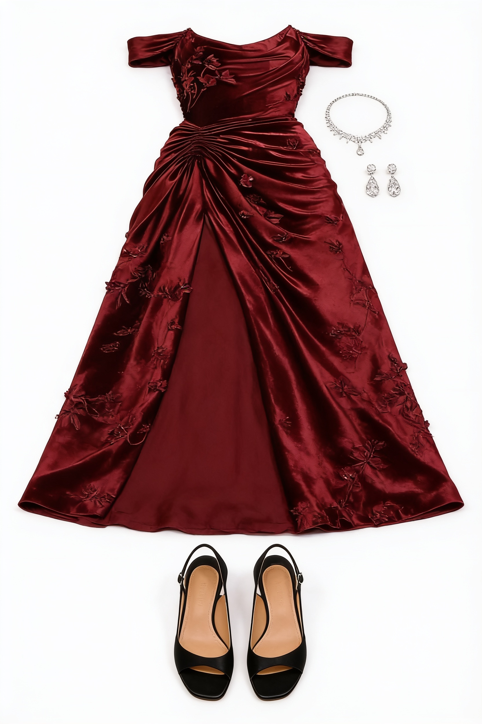 Burgundy draped corset gown