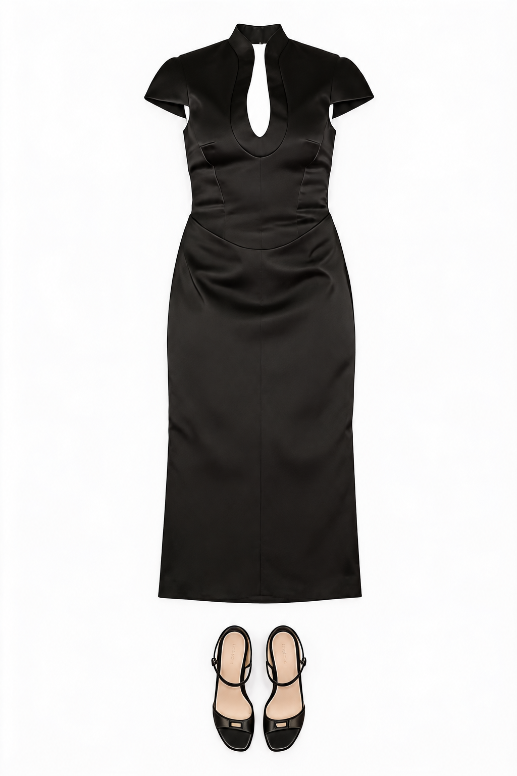 Black satin keyhole dress and black heels