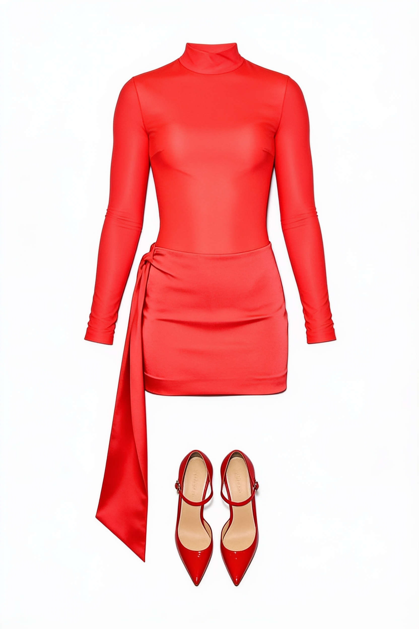 Red satin mini dress with trailing sash