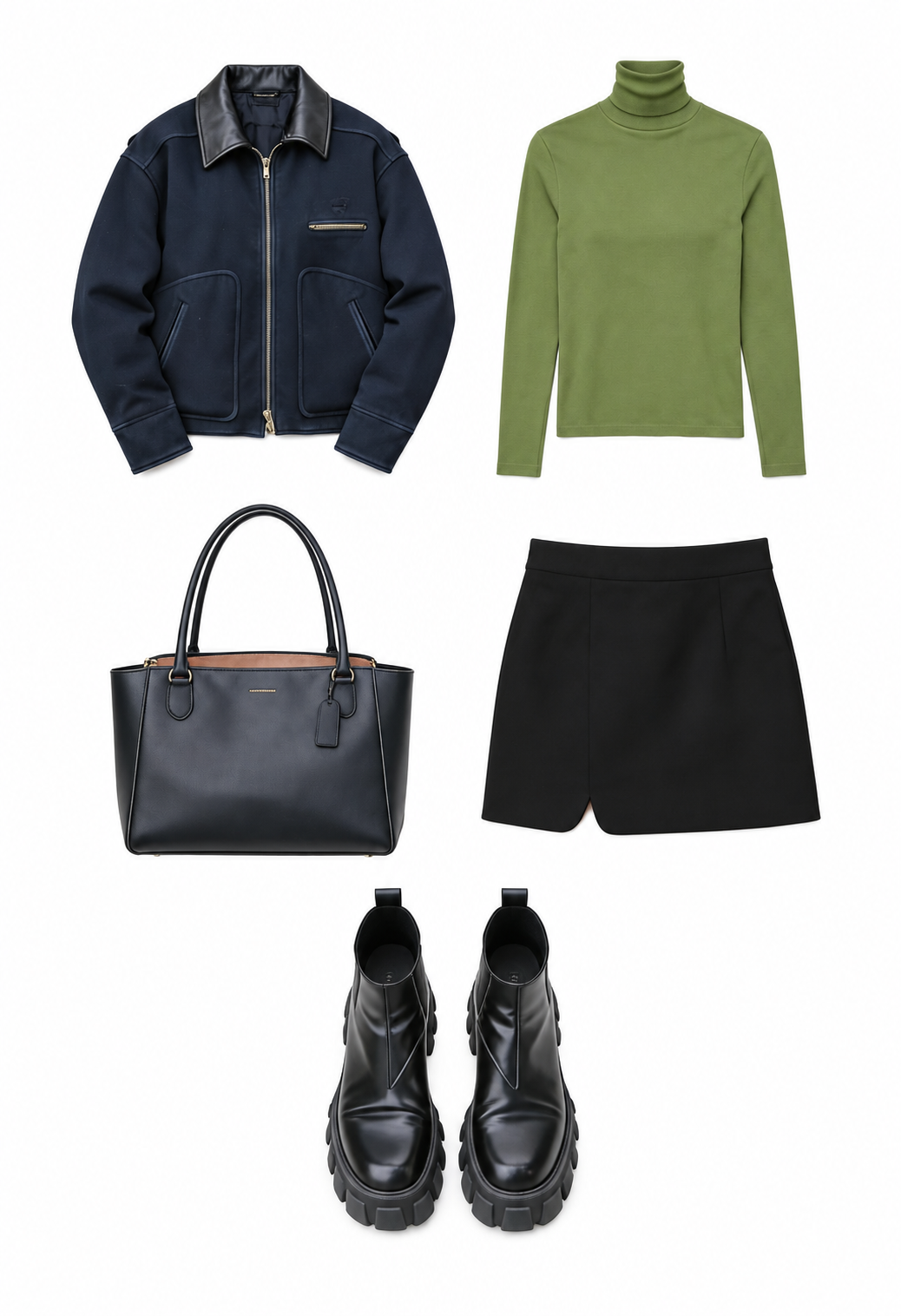 Navy jacket and black mini skirt