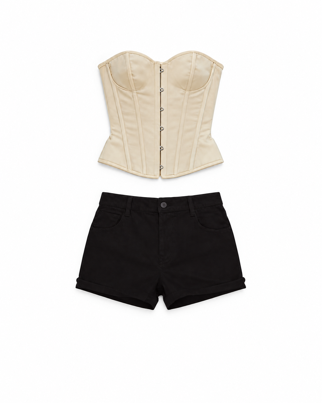 Cream corset and black shorts