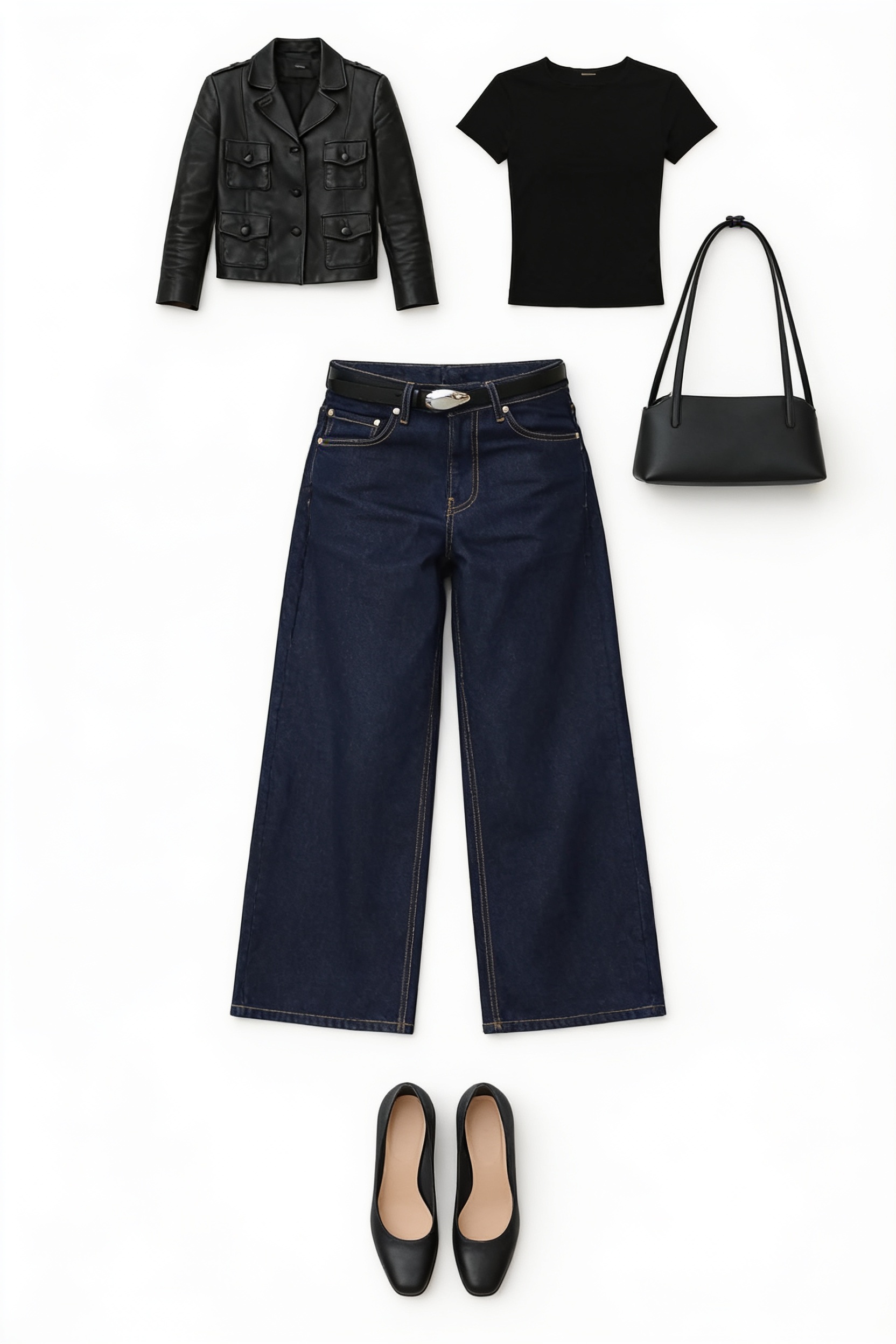 Cropped black leather jacket and dark jeans