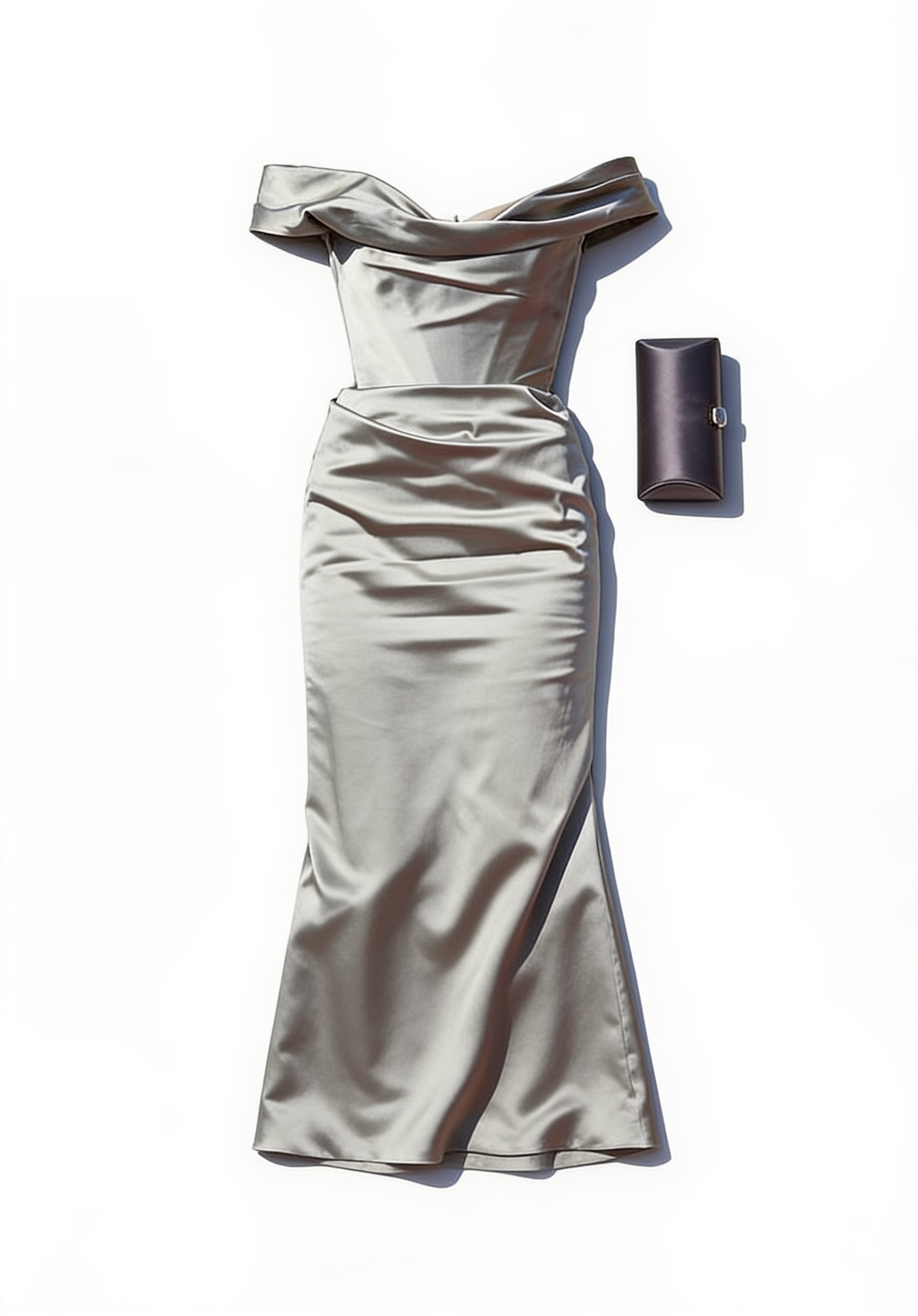 Silver off-shoulder satin dress