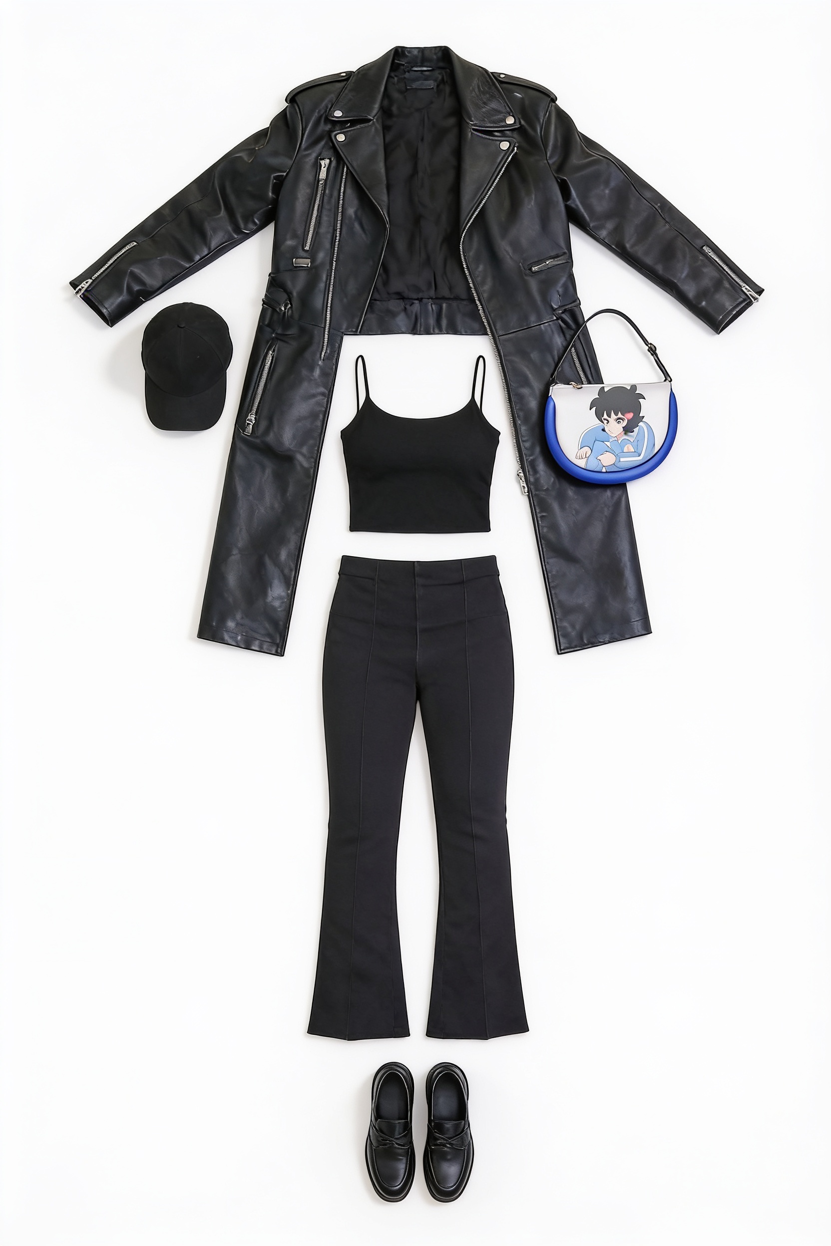 Black leather trench coat and flared trousers