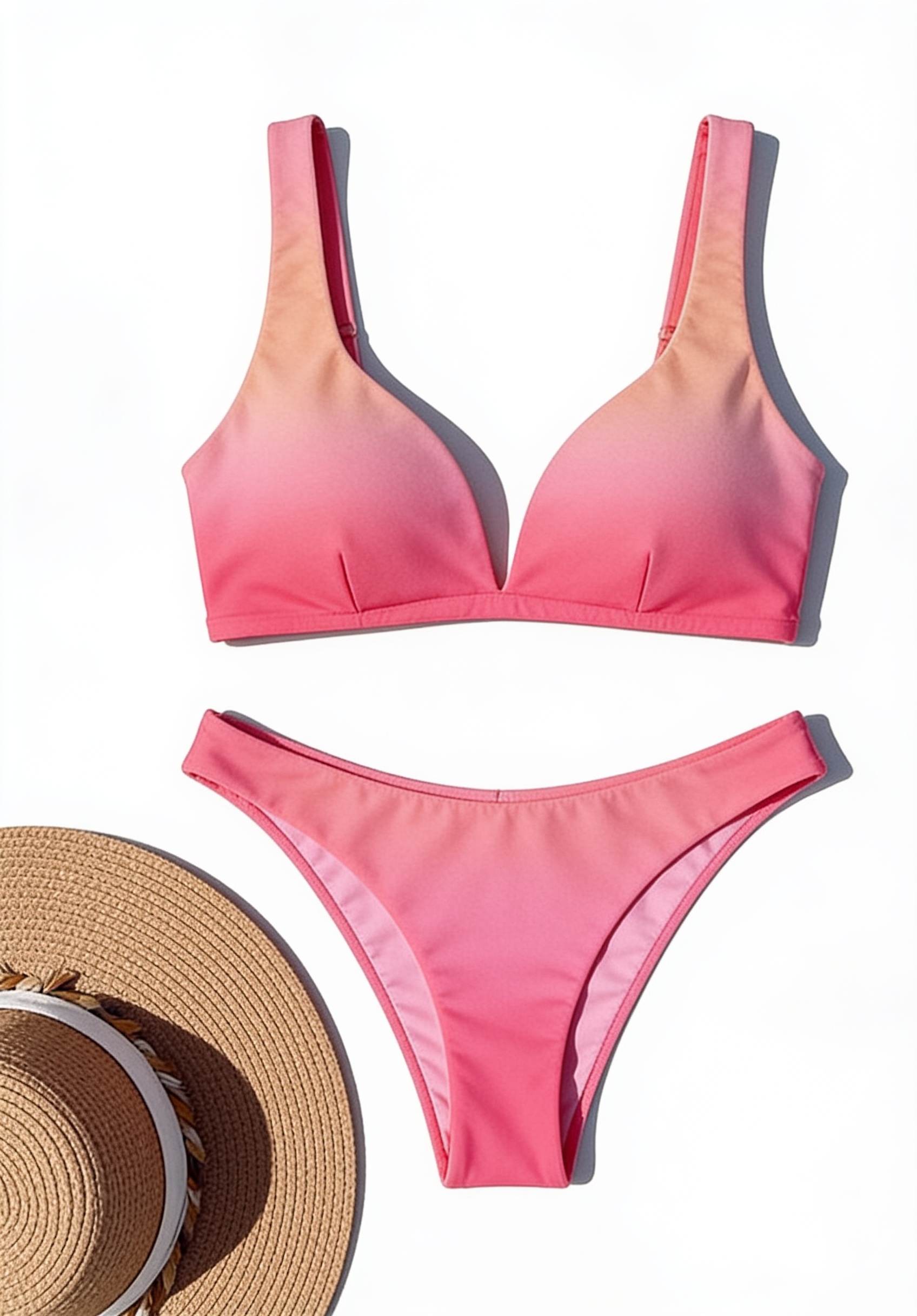 Coral bikini and straw hat