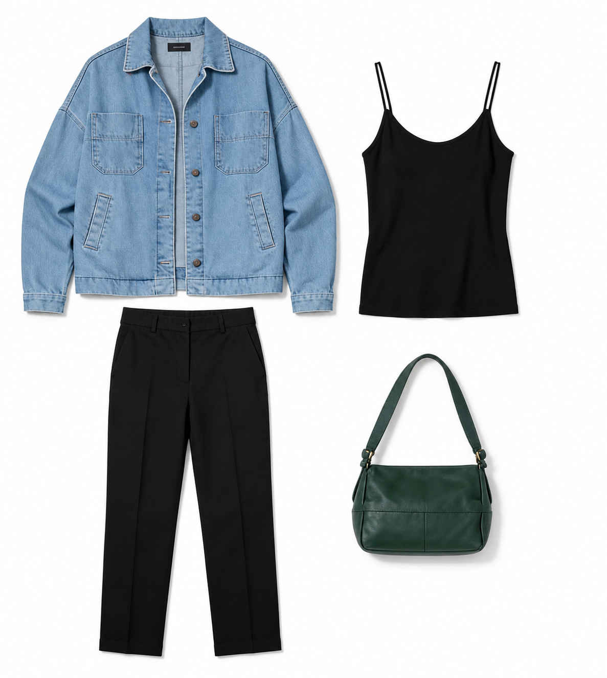Denim jacket, black camisole and trousers