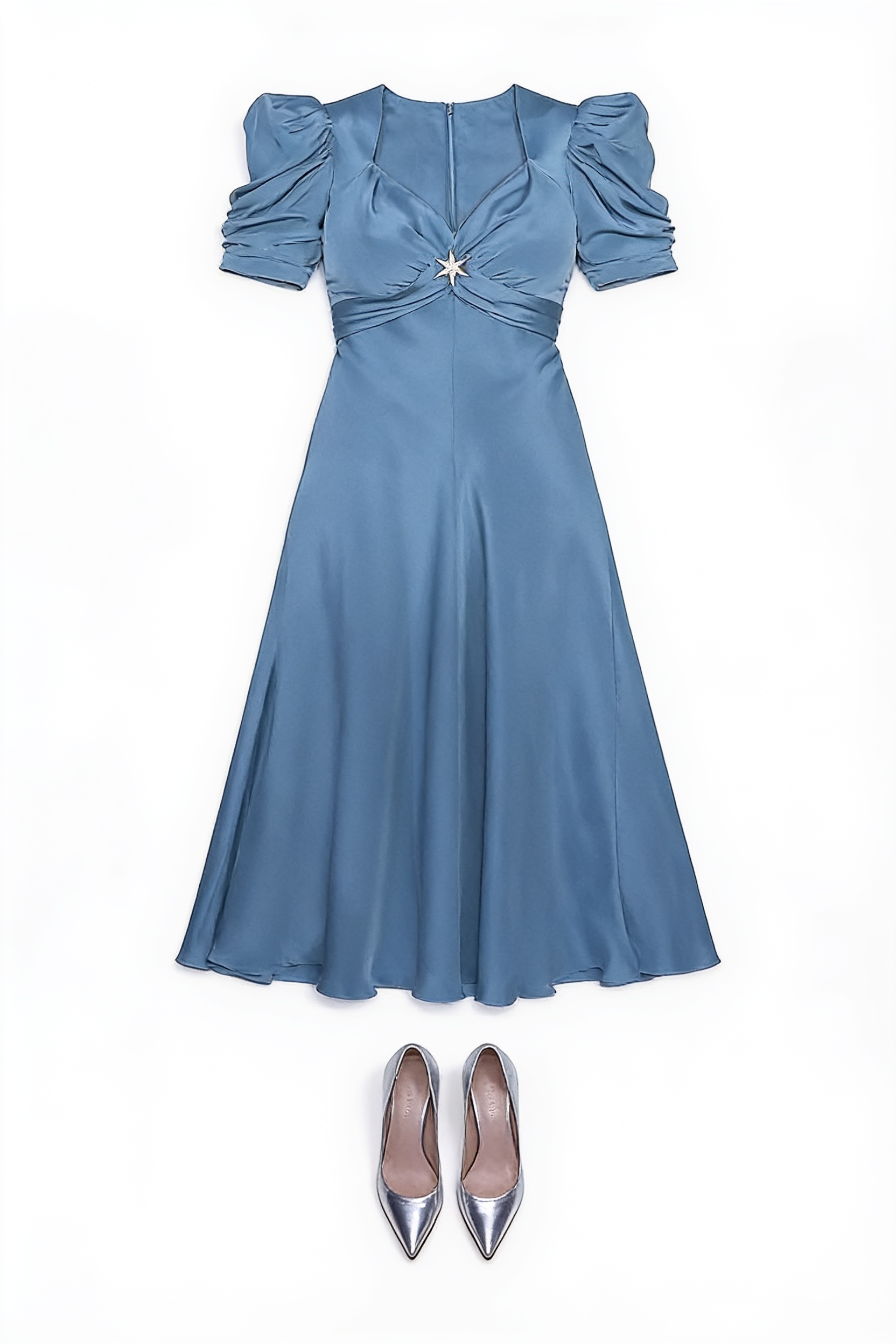 Blue pleated midi dress with sculpted sleeves