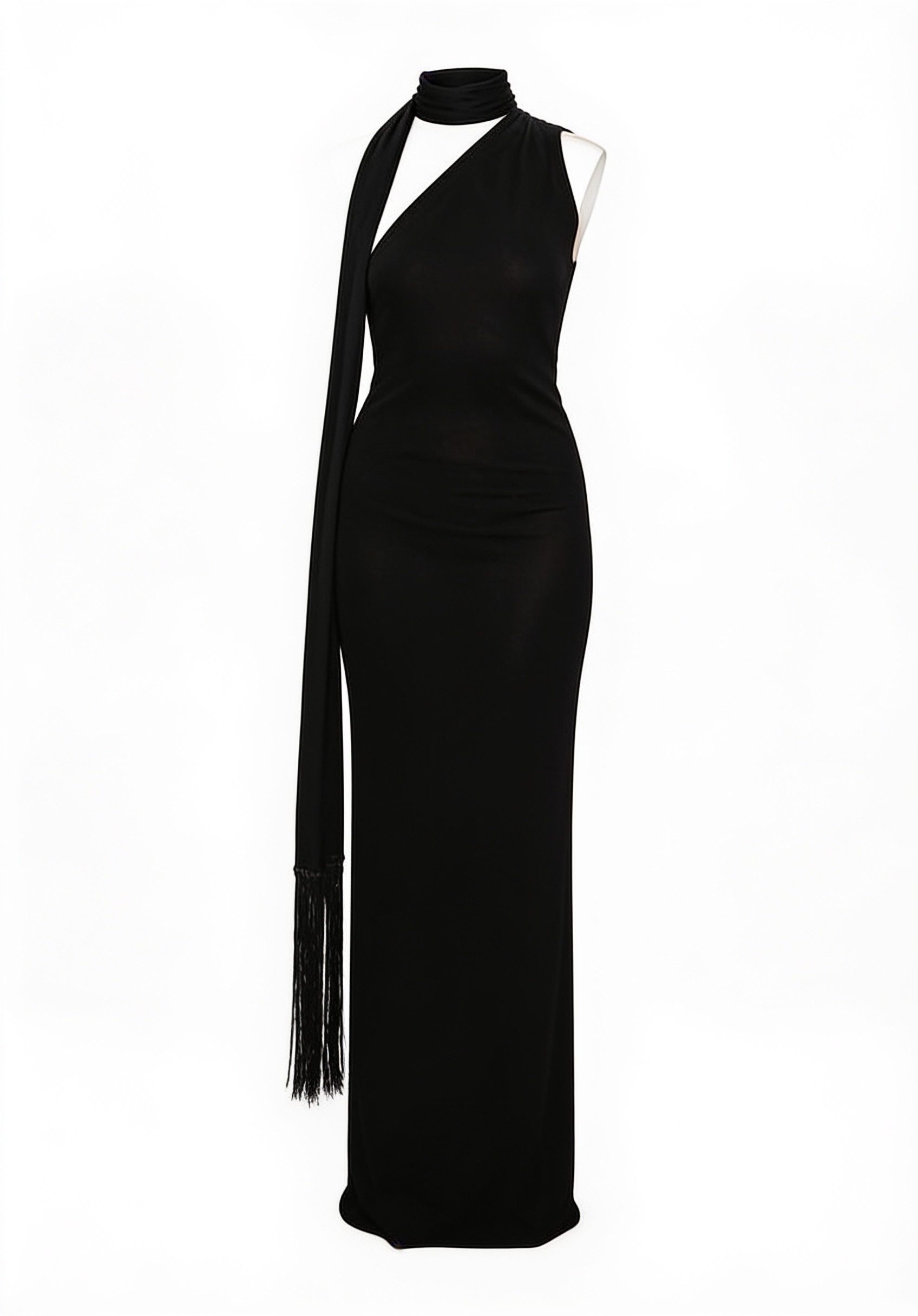 Black one-shoulder scarf gown