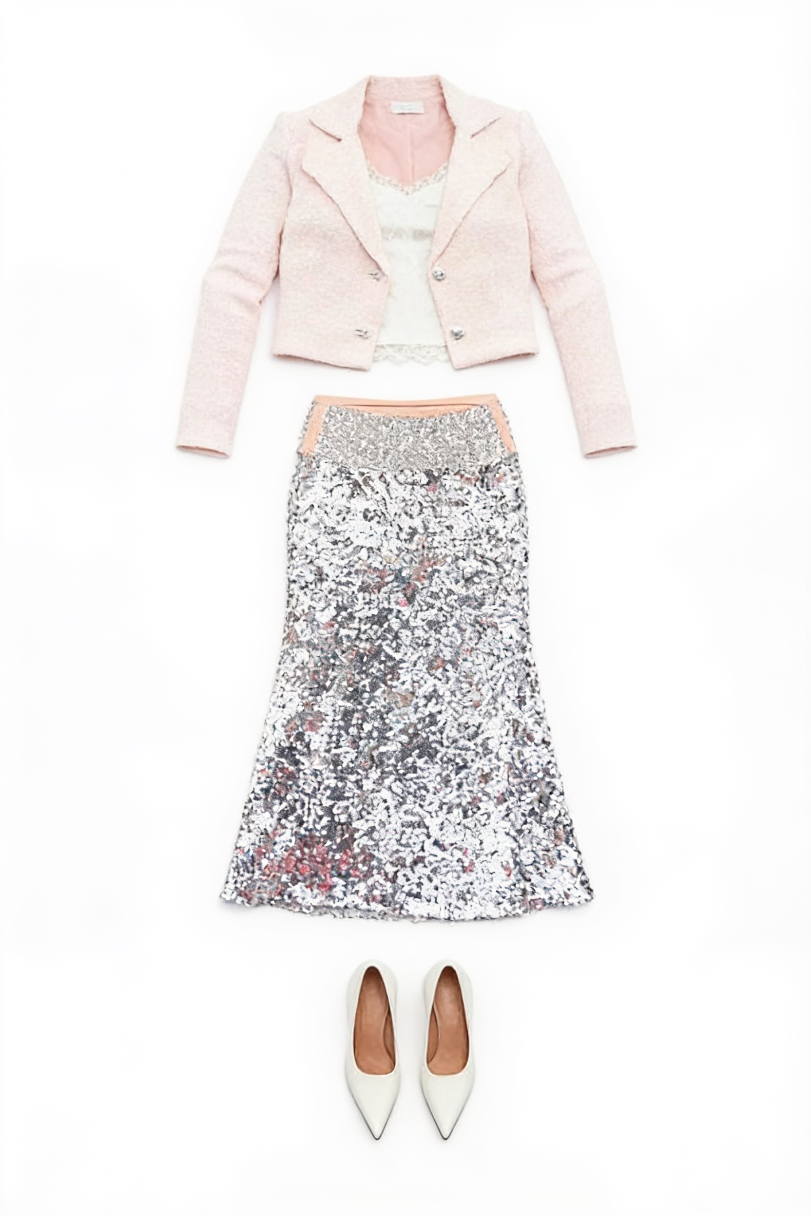 Ivory cardigan and silver sequined midi skirt