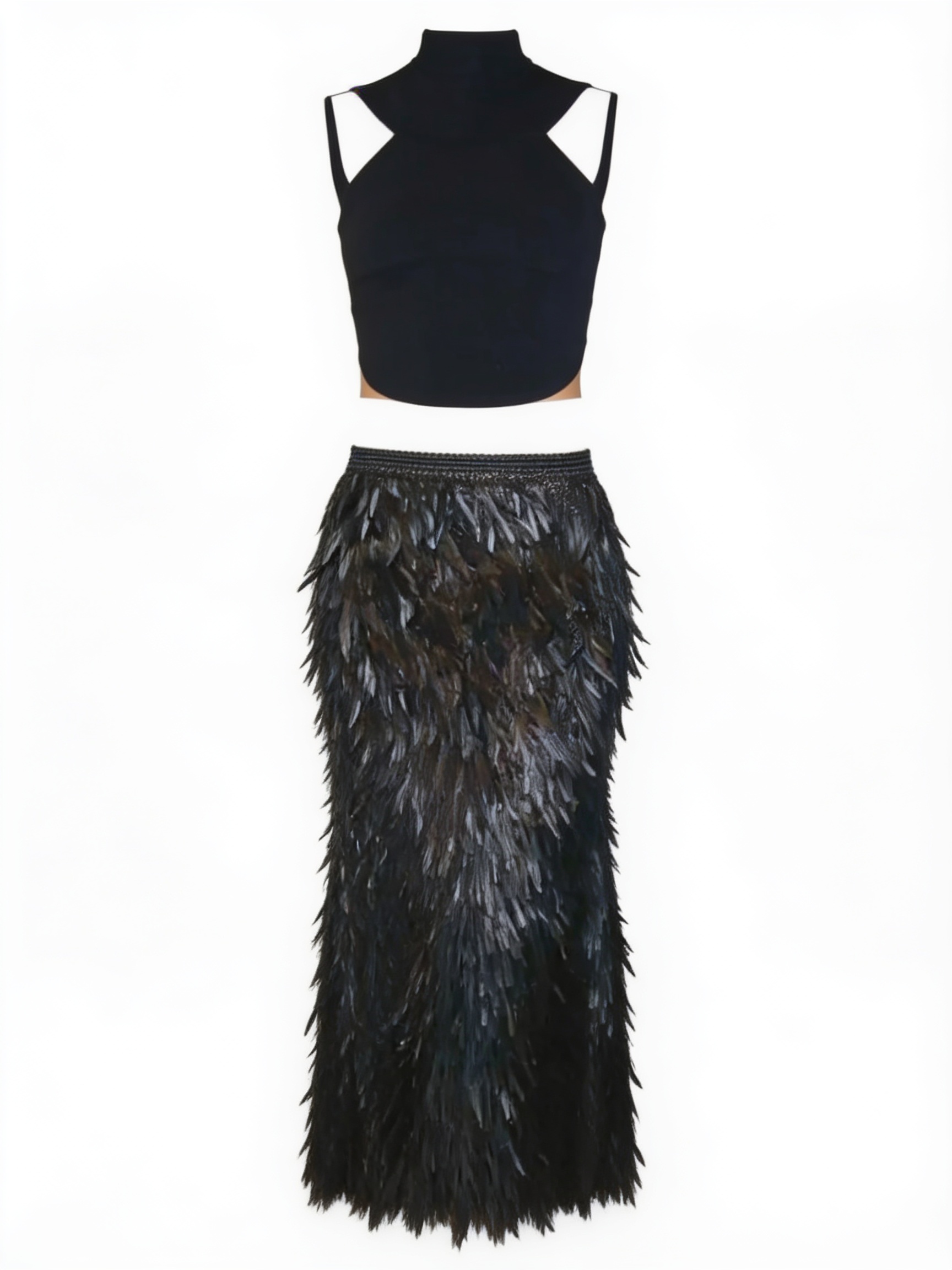 Black sleeveless crop top and fringed maxi skirt