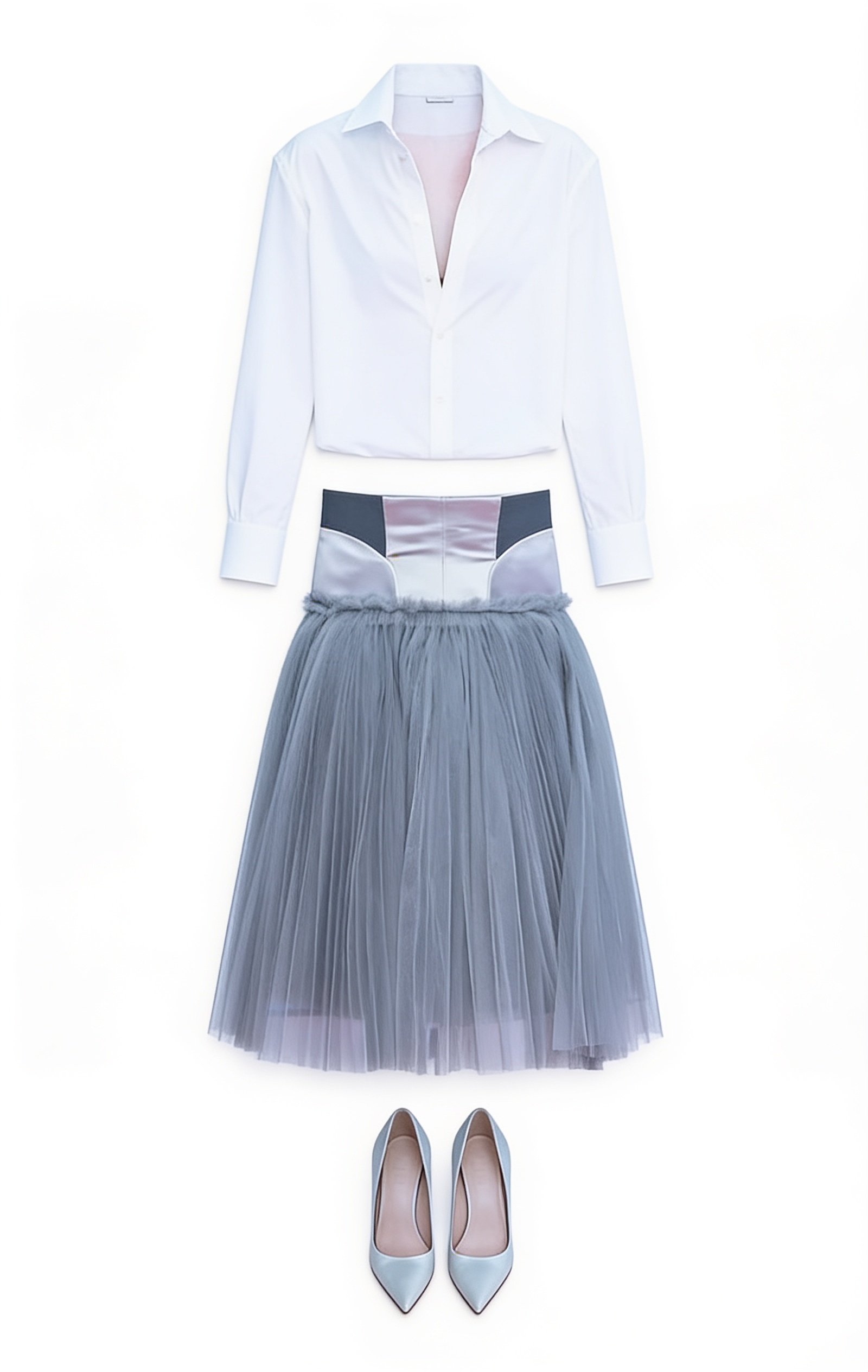 White cropped blouse and grey tulle midi skirt