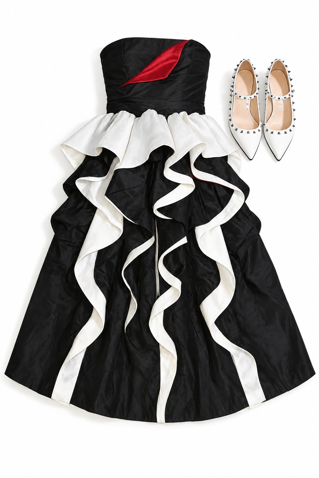Black strapless dress with white ruffles