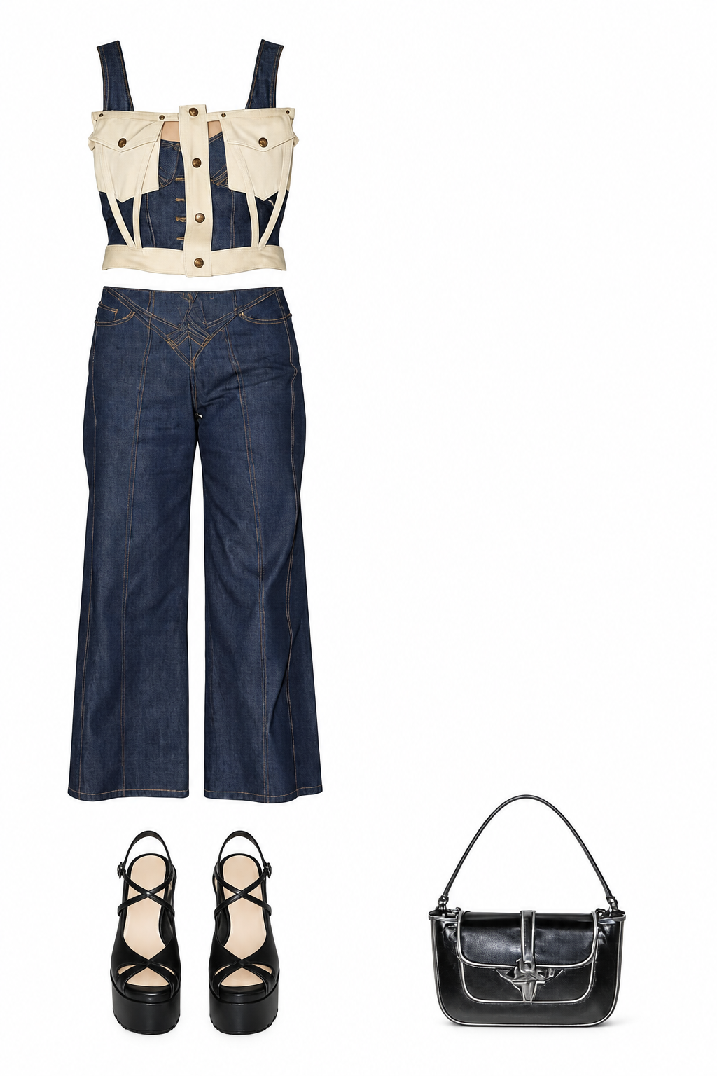 Cream-and-navy corset and dark flared jeans