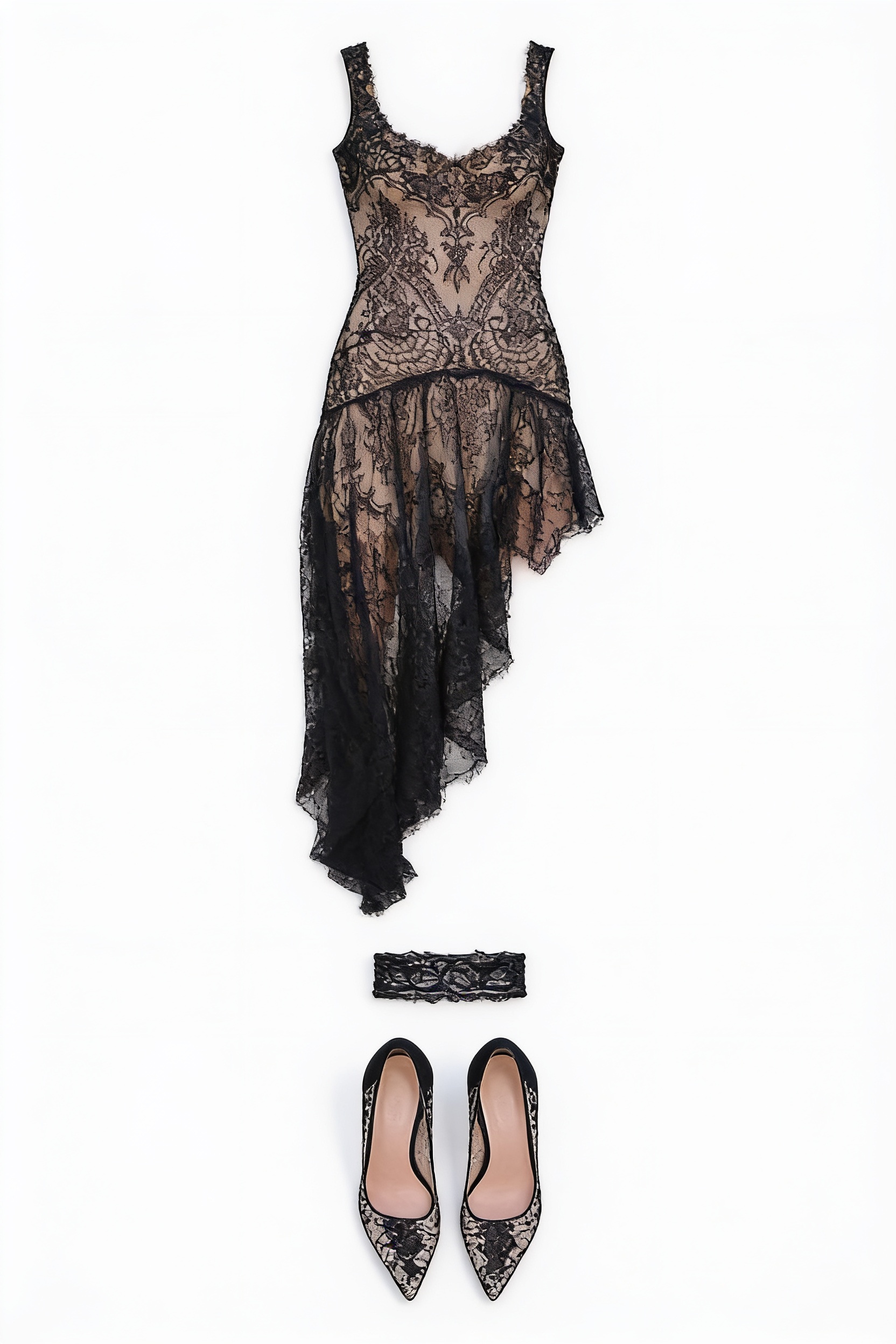 Black lace sheer asymmetric dress