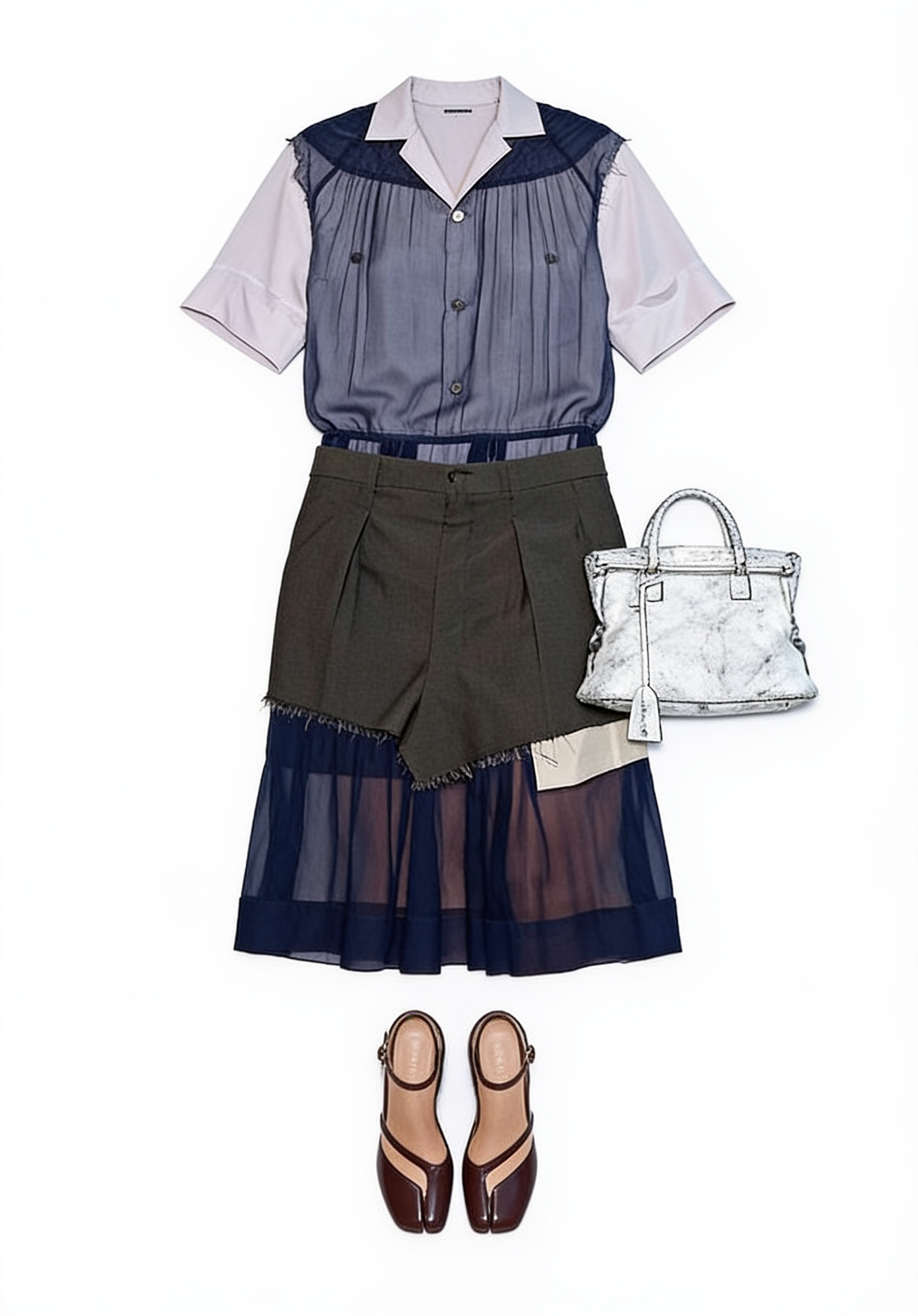 Grey striped shirt and sheer-panel skirt