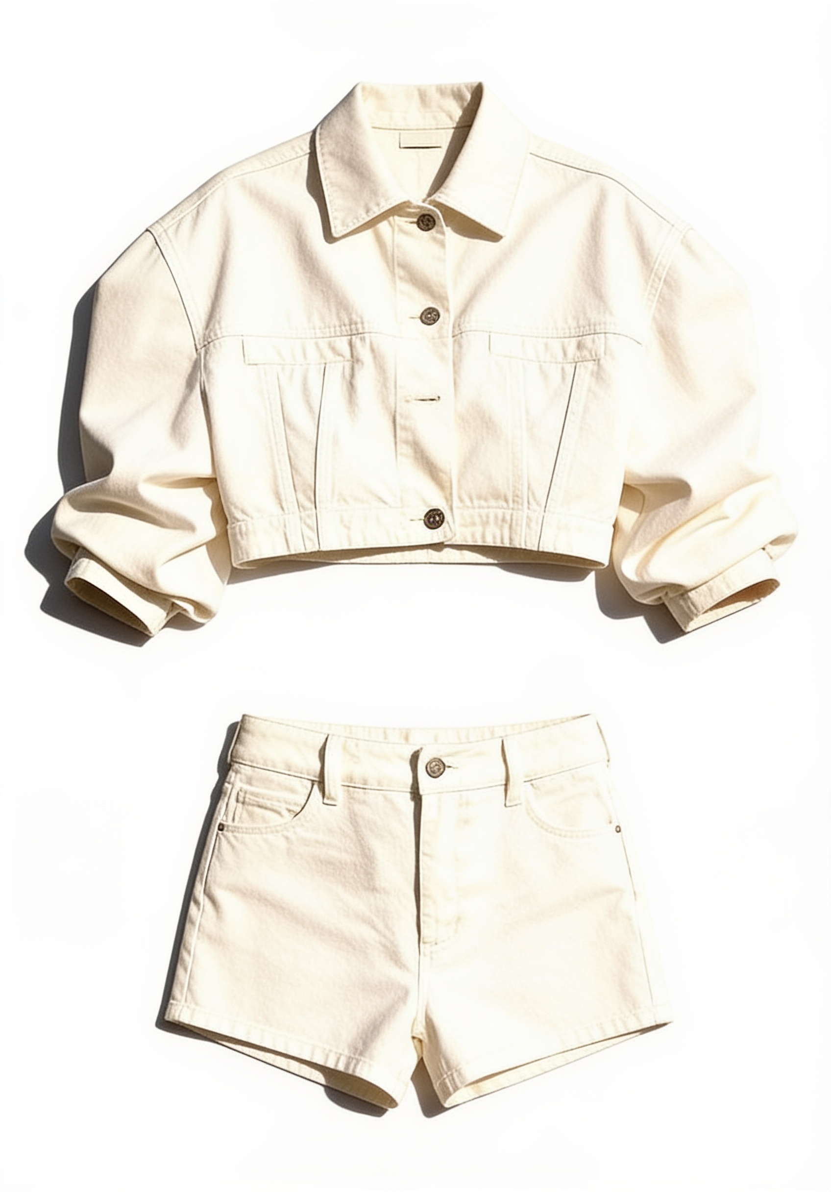 Cream cropped jacket and high-waisted shorts