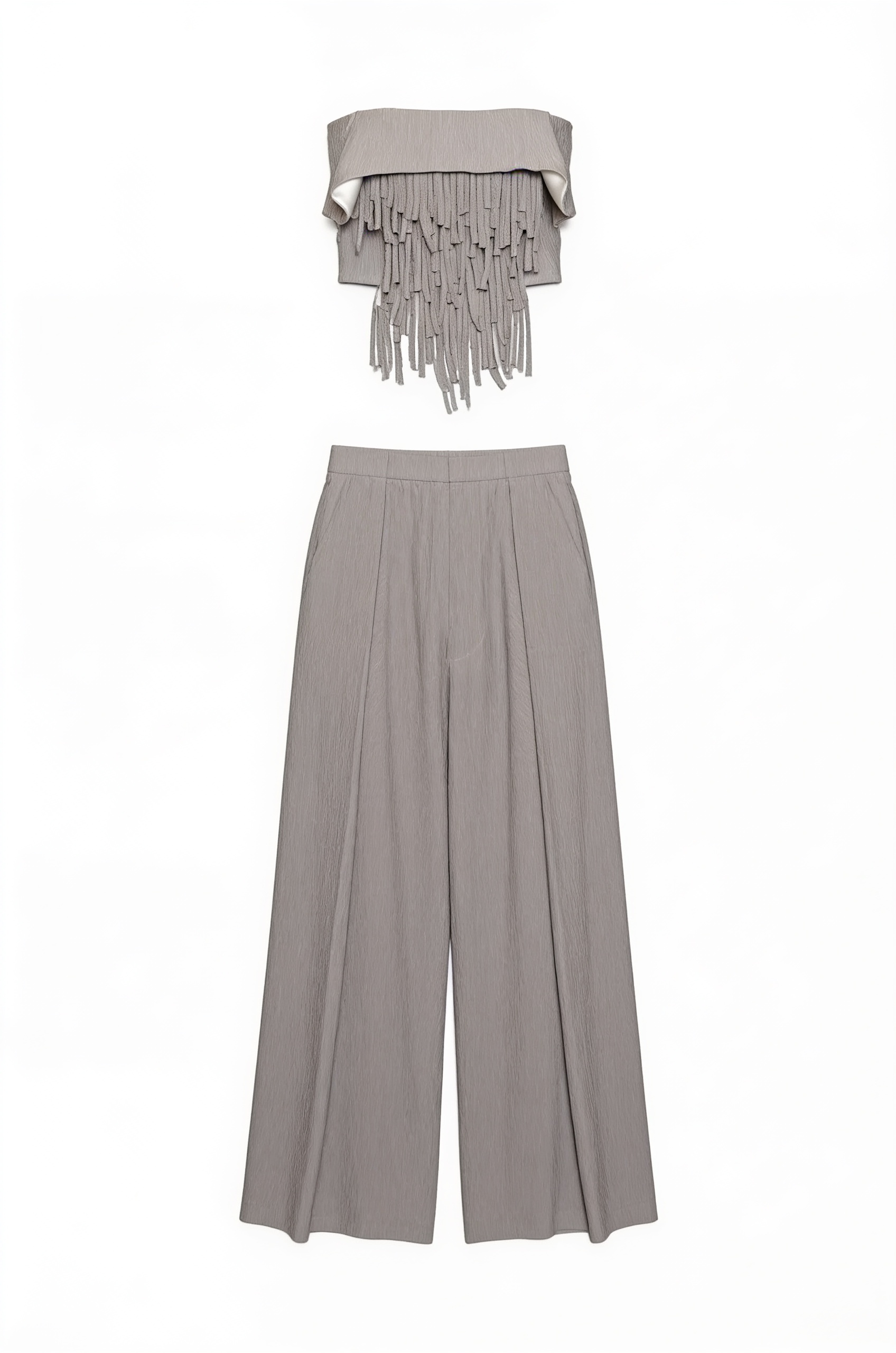 Grey strapless top and wide-leg trousers