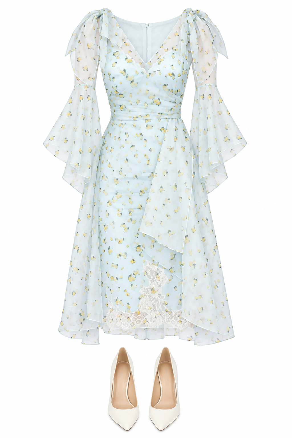 Pale blue floral dress and white pumps