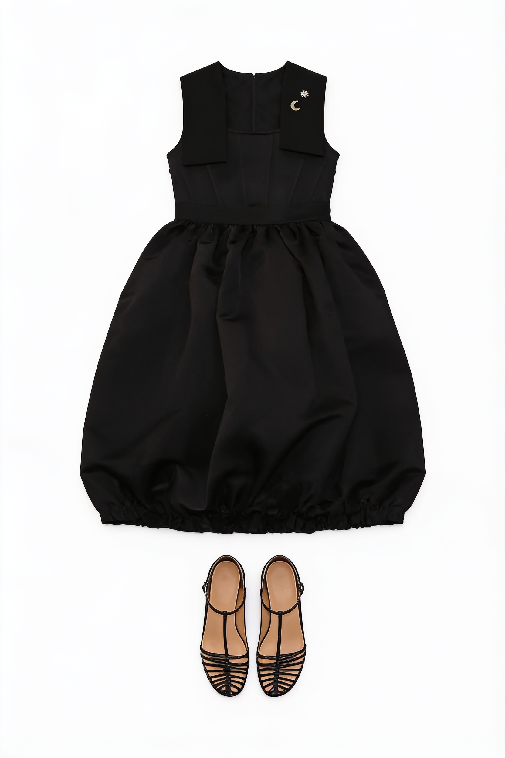 Black sculpted belted midi dress and cage sandals