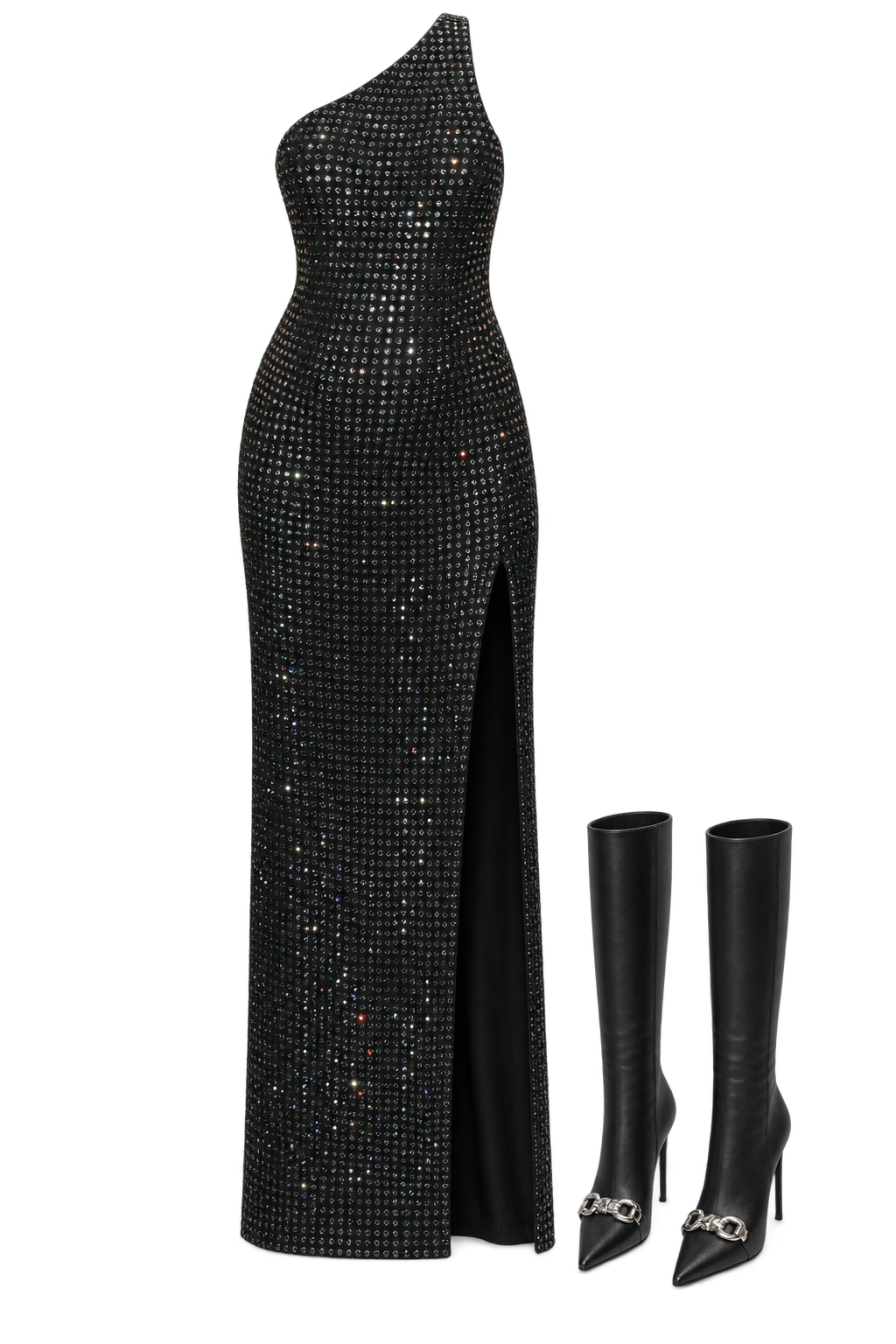 Black crystal one-shoulder gown and boots