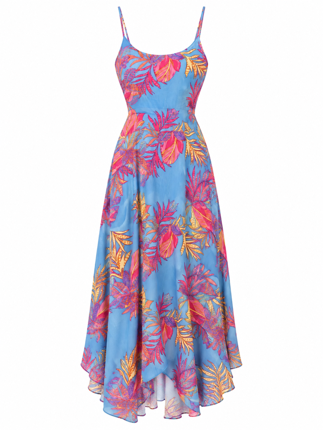 Blue tropical-print slip dress