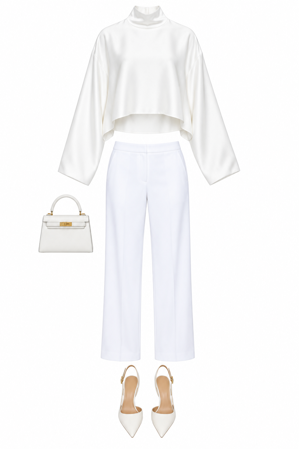 White draped blouse and tailored trousers