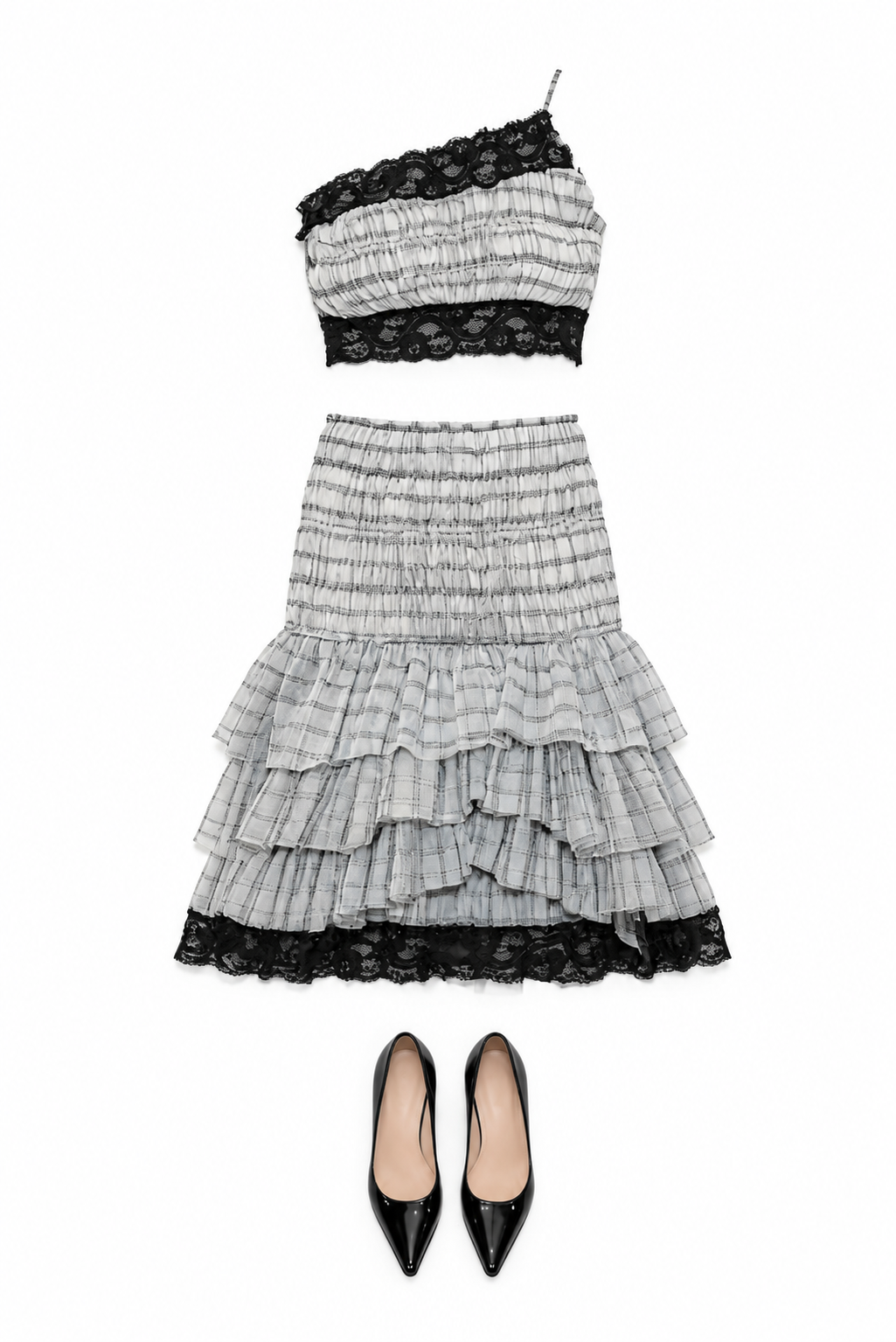 Grey checked lace-trim crop top and skirt