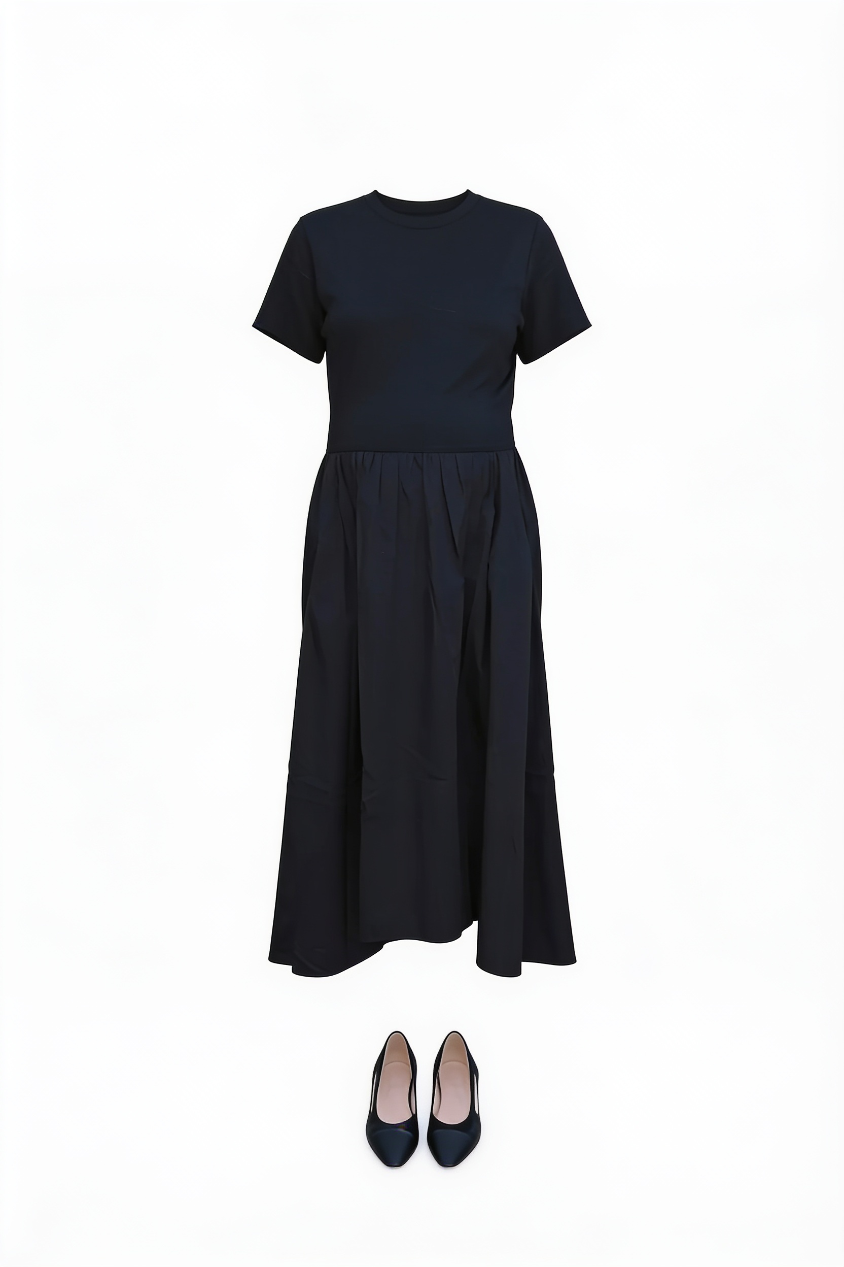 Black short-sleeve maxi dress and pumps