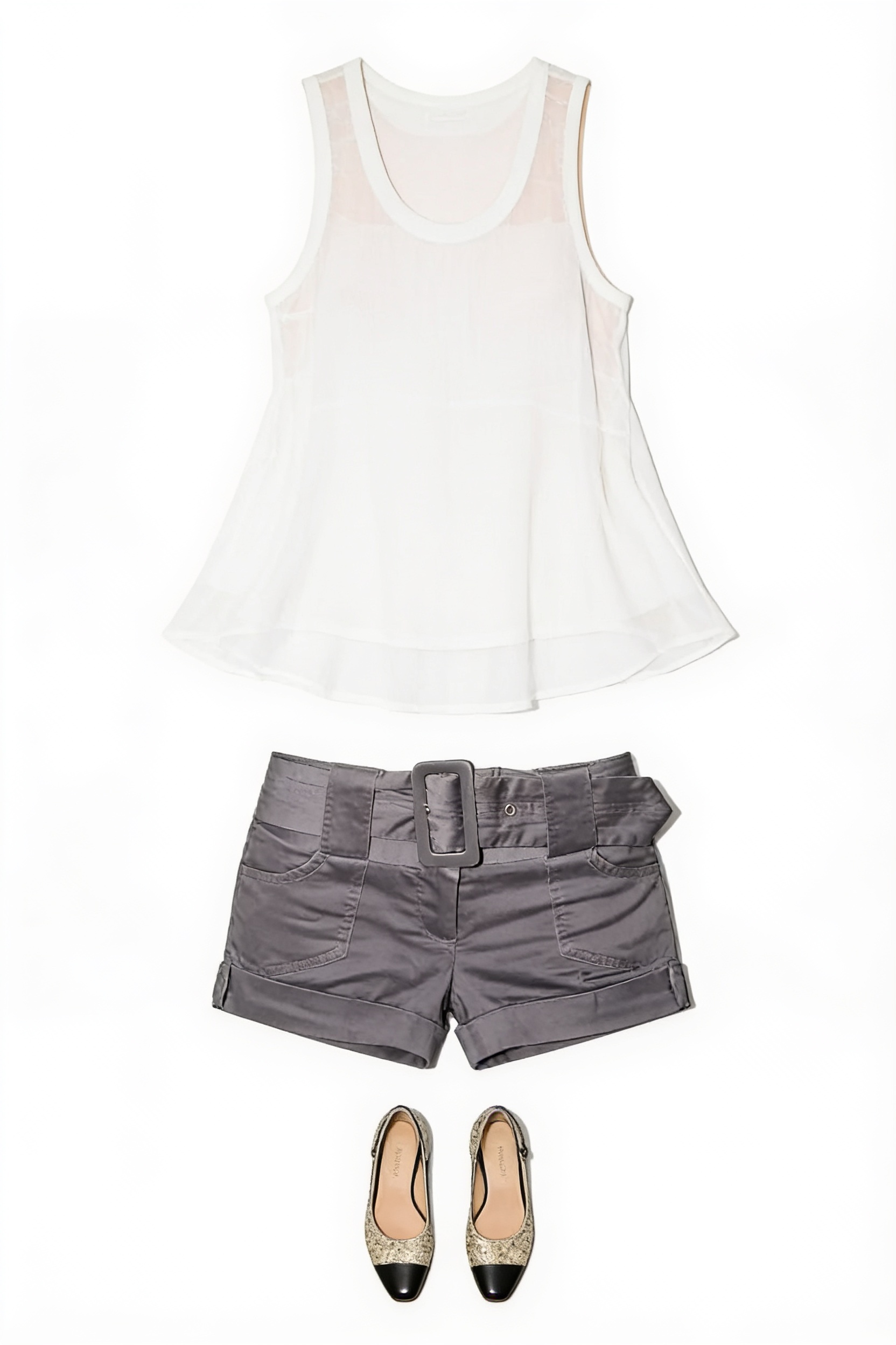 White tank top and charcoal denim shorts