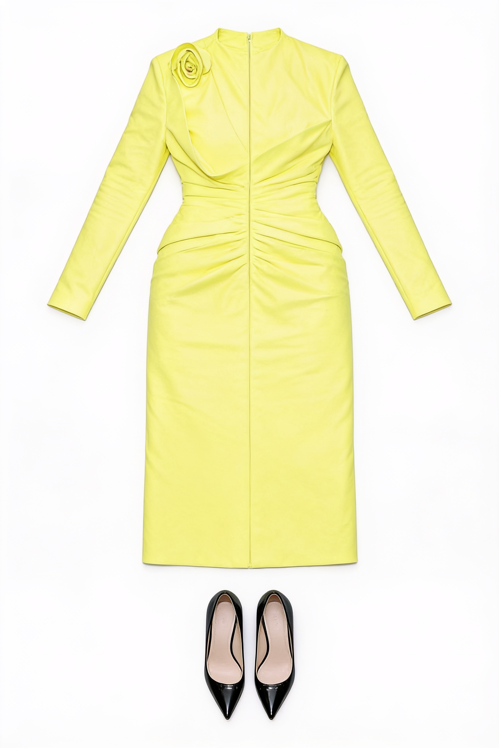 Lime long-sleeve draped midi dress