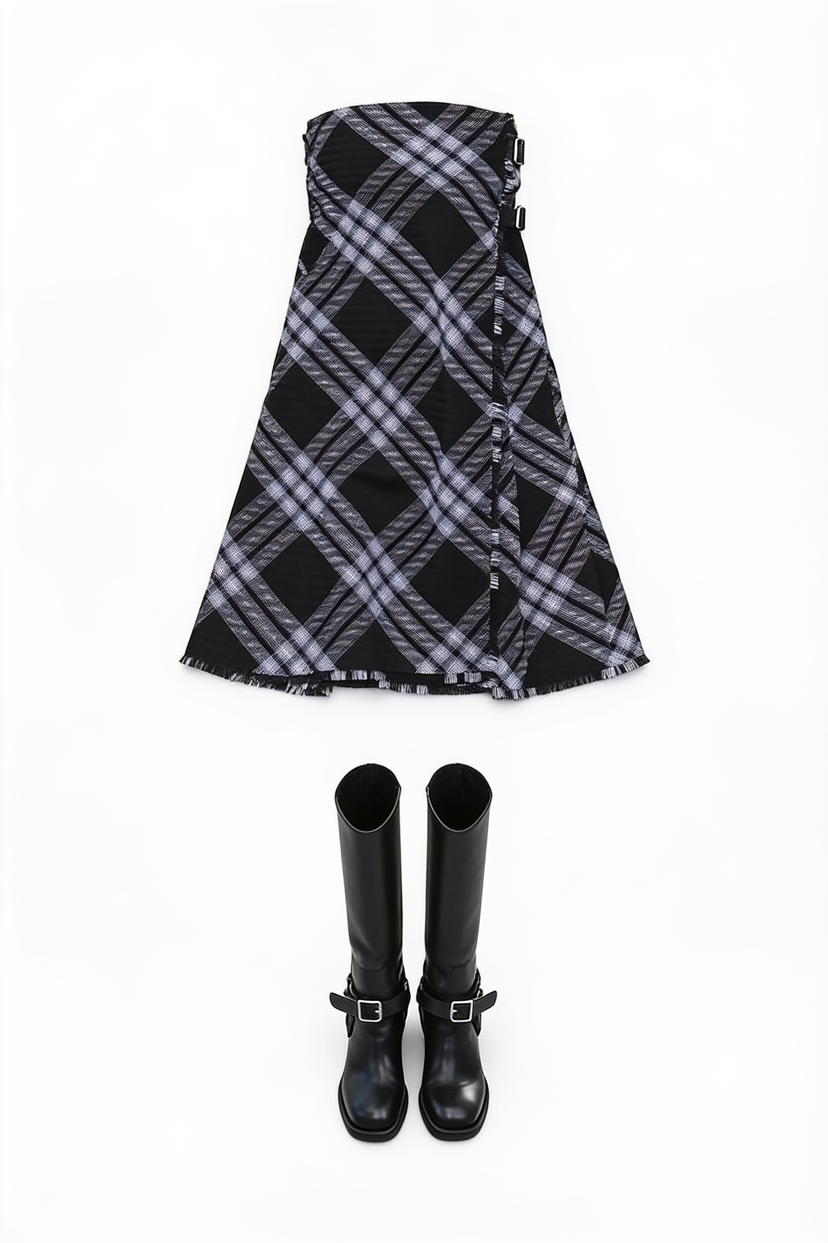 Black plaid midi dress and buckle boots