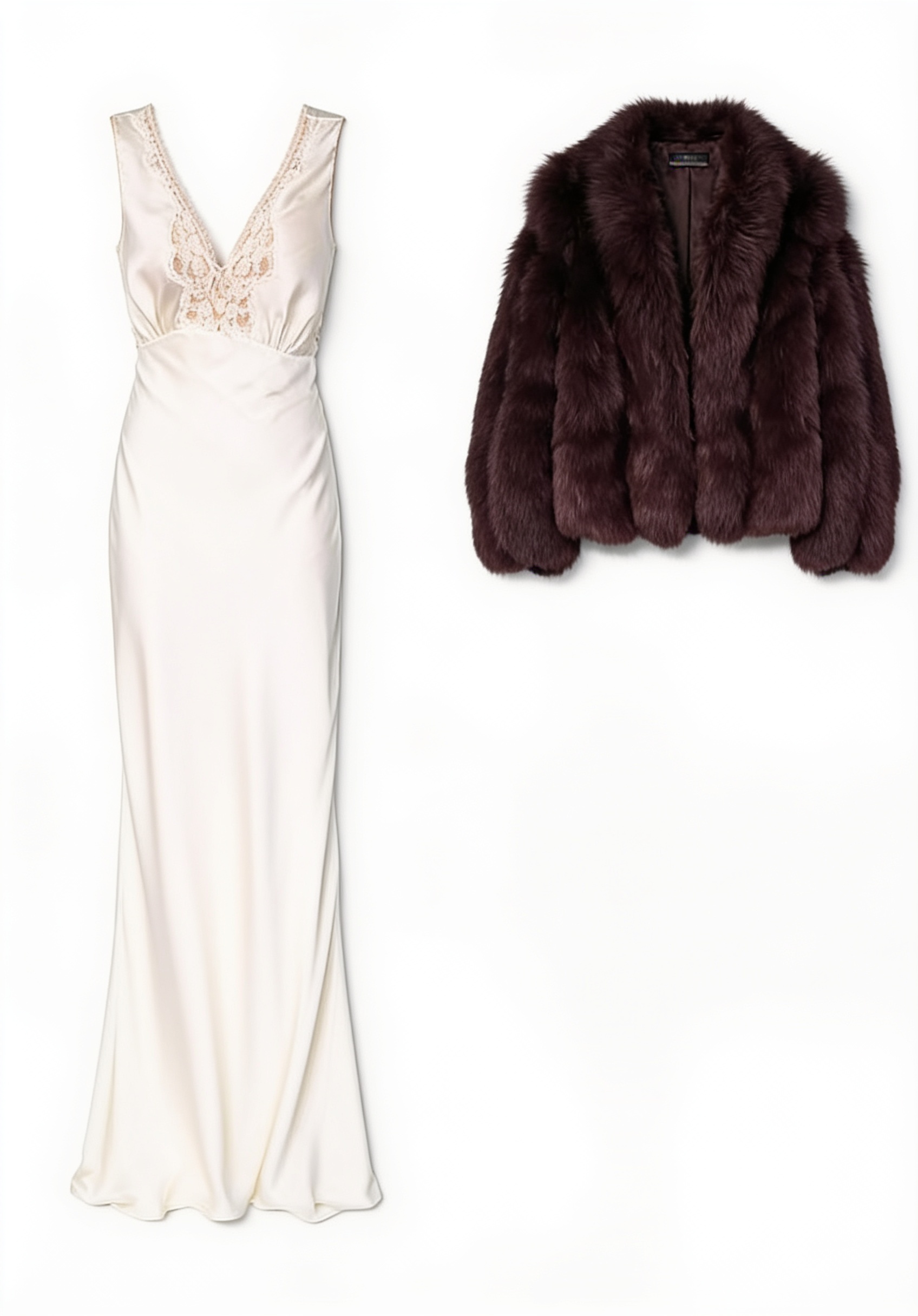 White embroidered gown and dark fur wrap