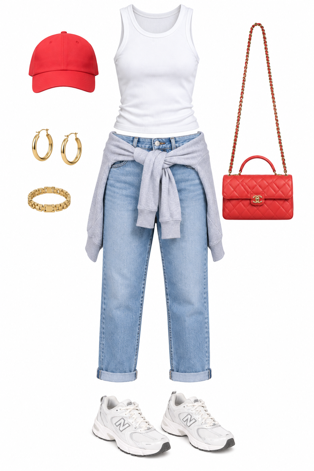 White tank and jeans with red accessories
