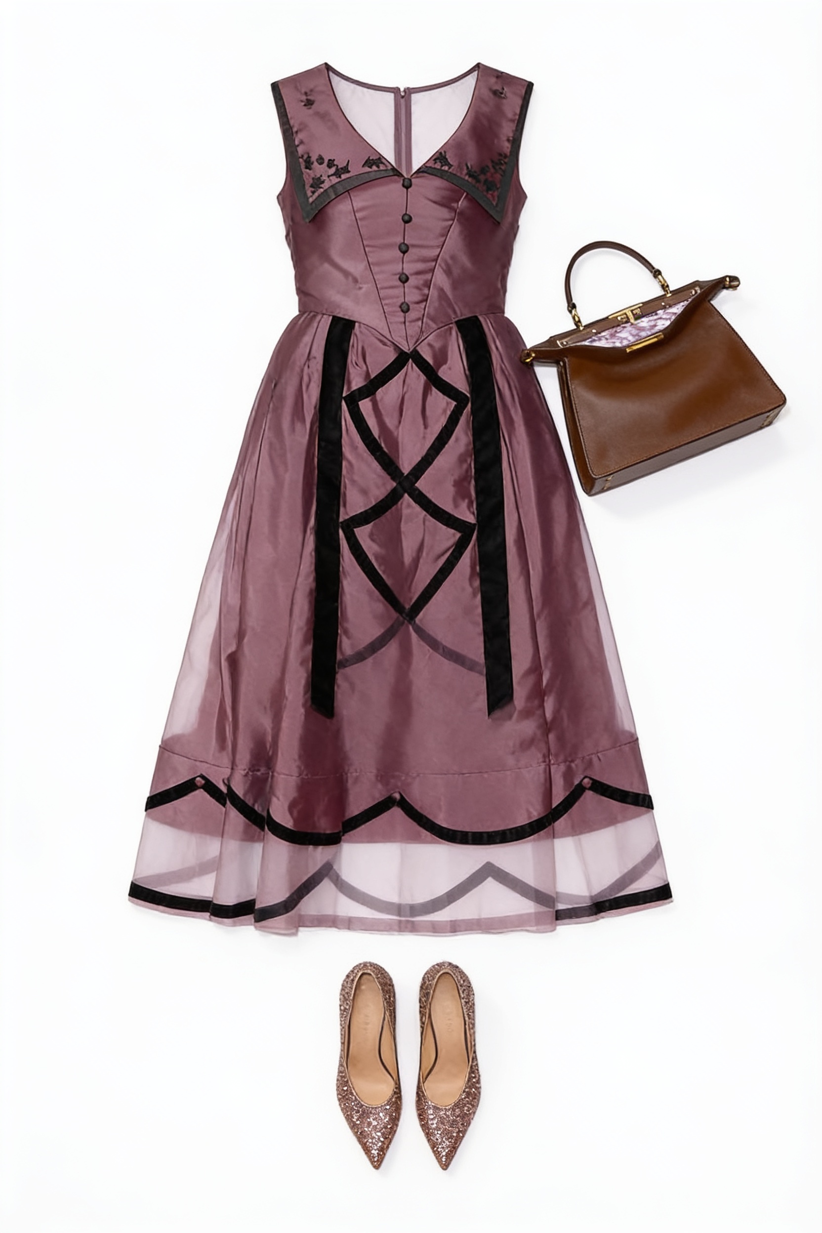 Burgundy lace midi dress and brown handbag