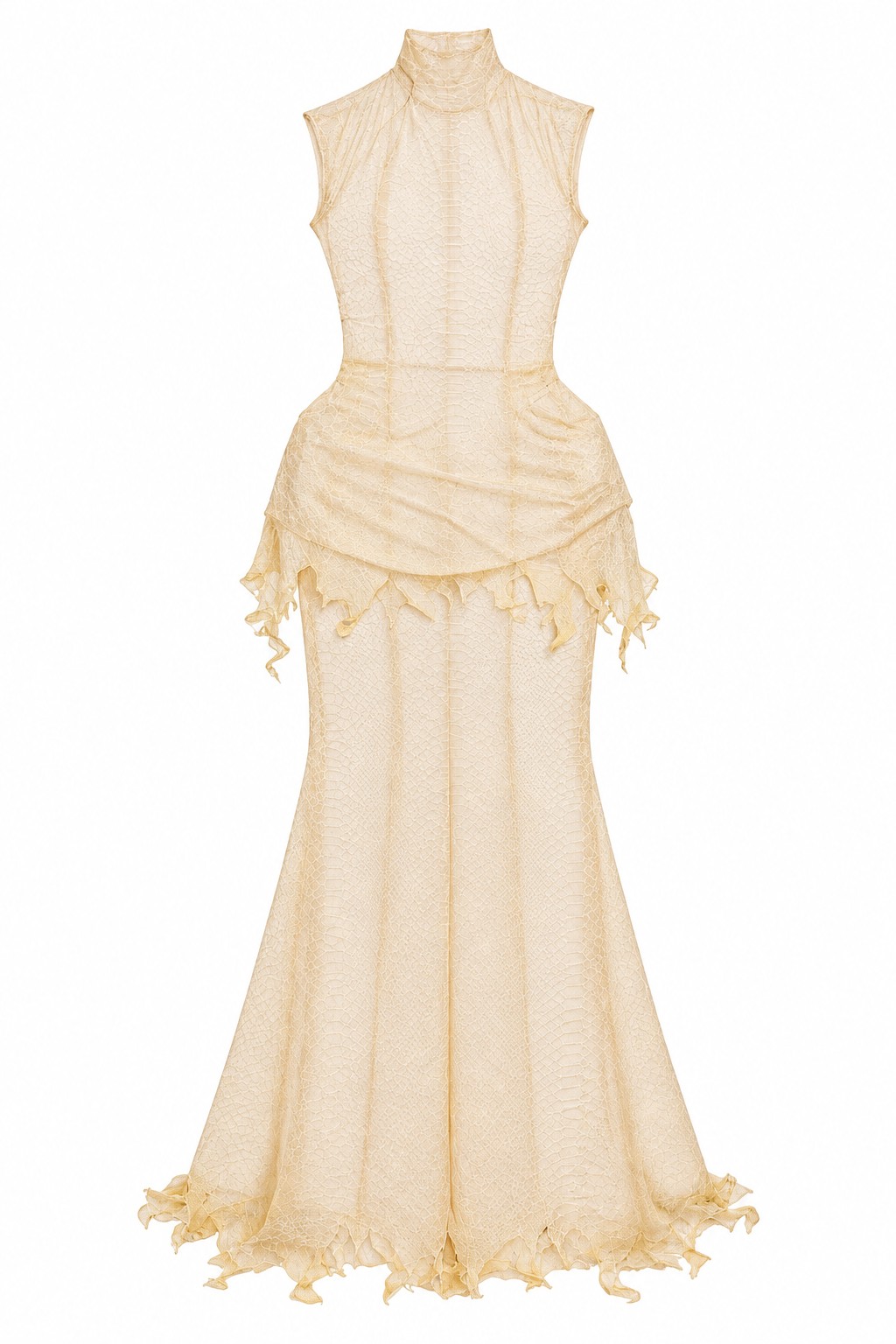 Champagne fringed halter gown