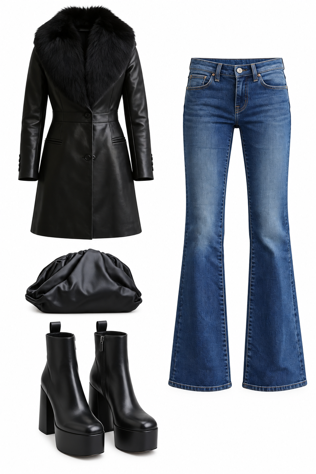 Black fur-collar leather coat and flared jeans