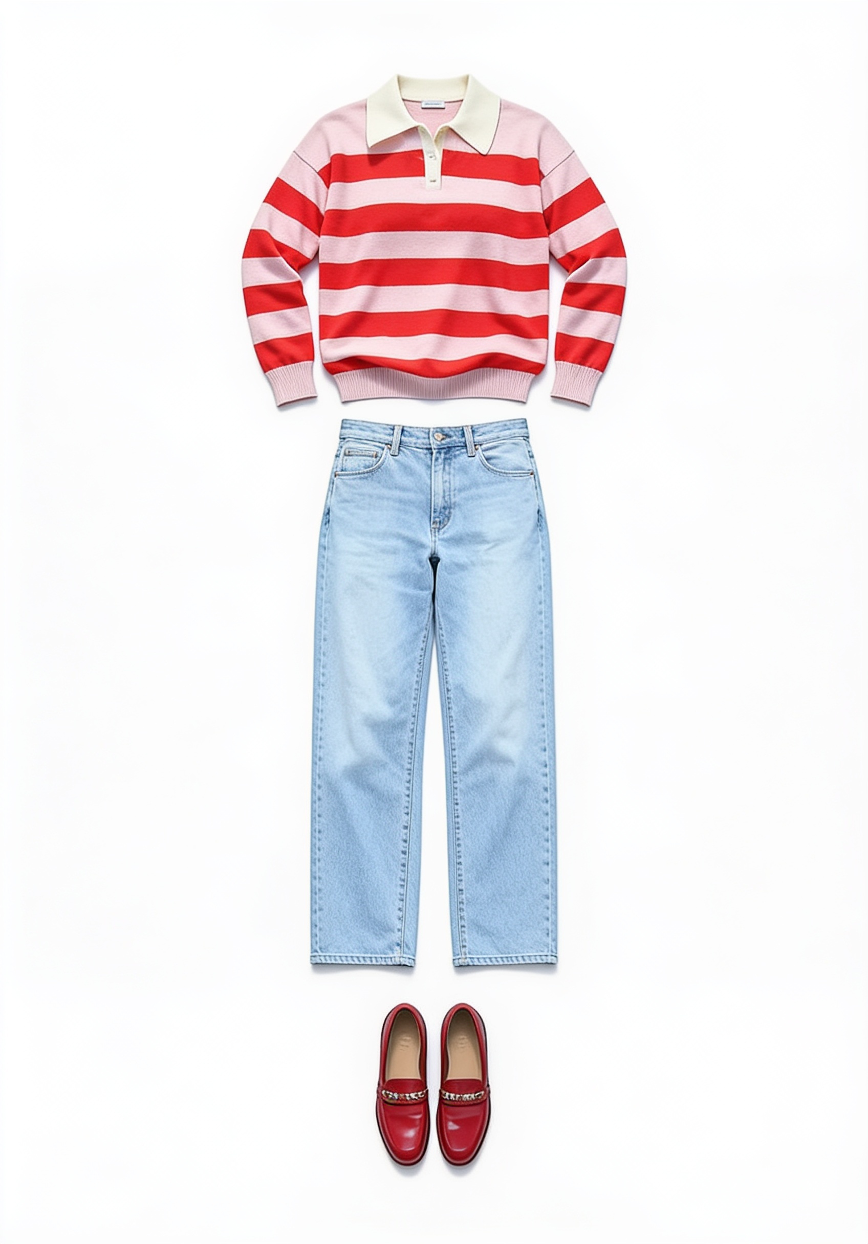 Red striped sweater and relaxed jeans