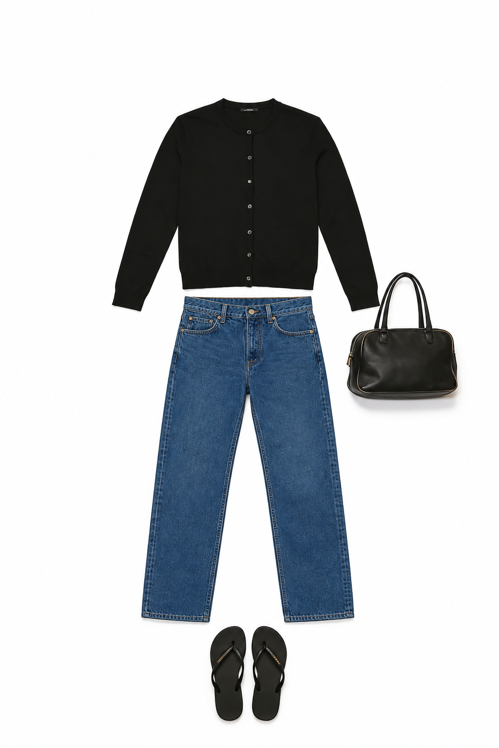 Black button-front cardigan and blue jeans