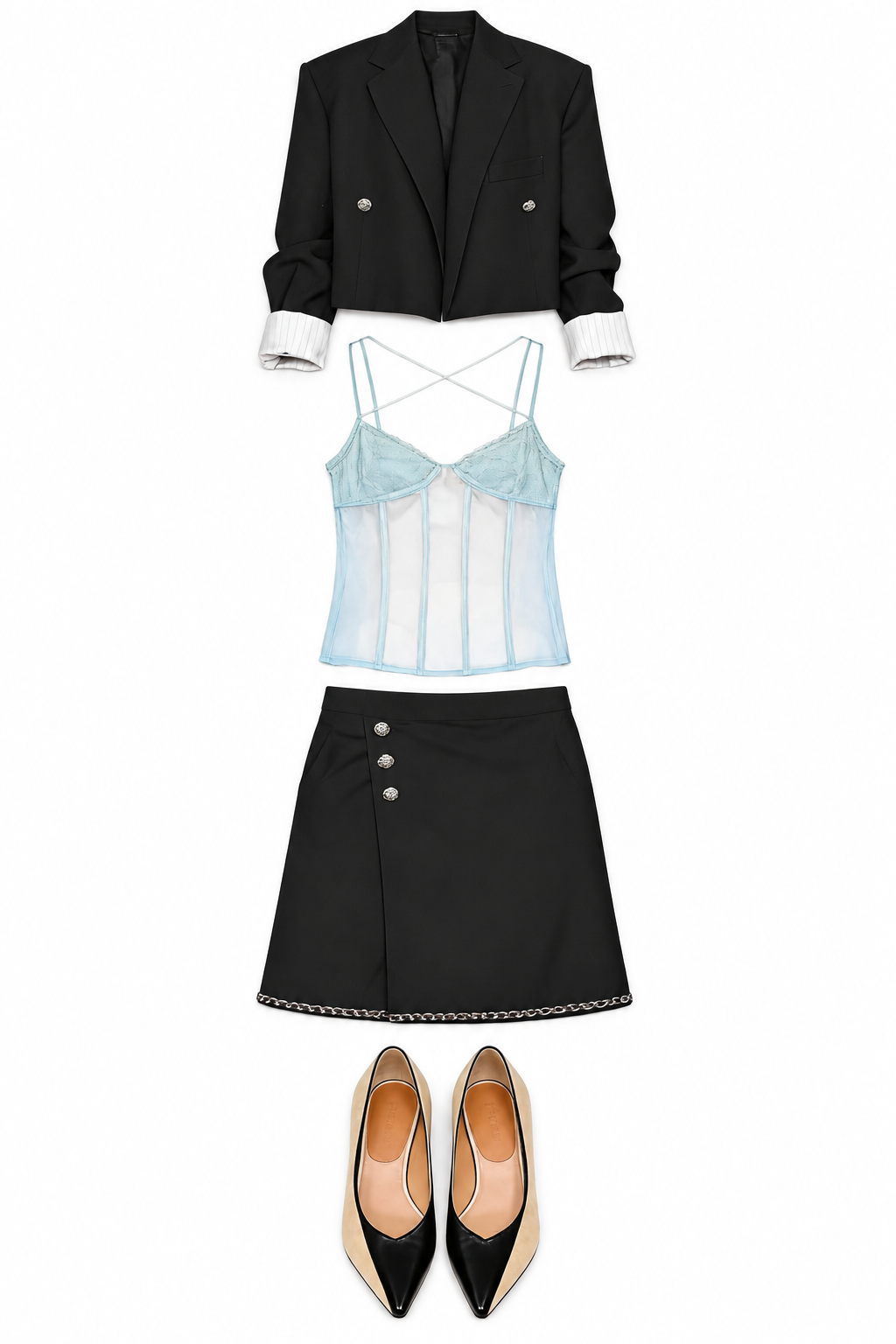 Black cropped blazer, pale blue camisole and mini skirt