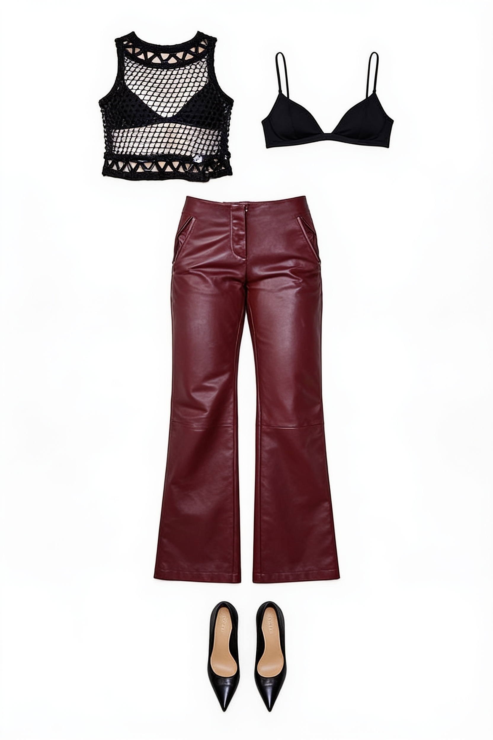 Black mesh crop top and burgundy leather trousers