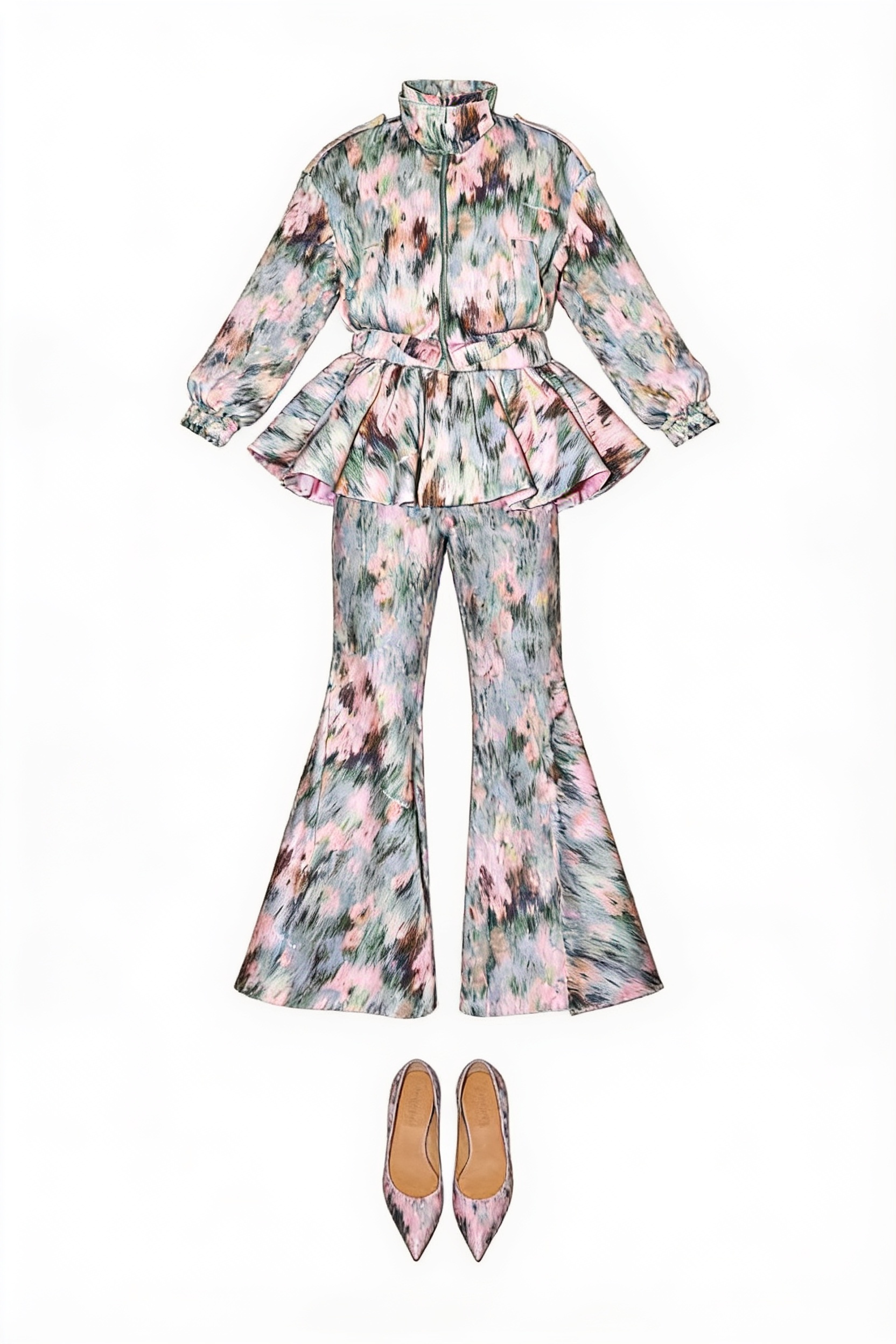 Floral peplum jacket and flared trousers