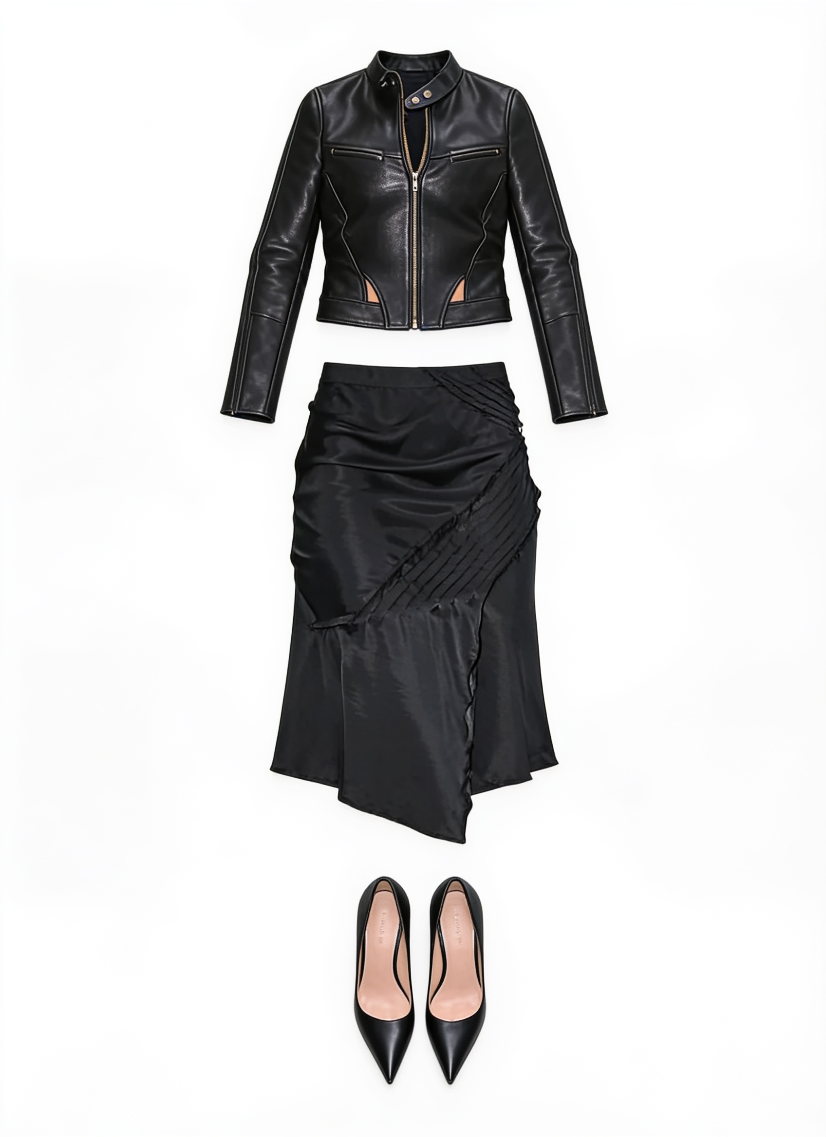 Black leather jacket and draped midi skirt