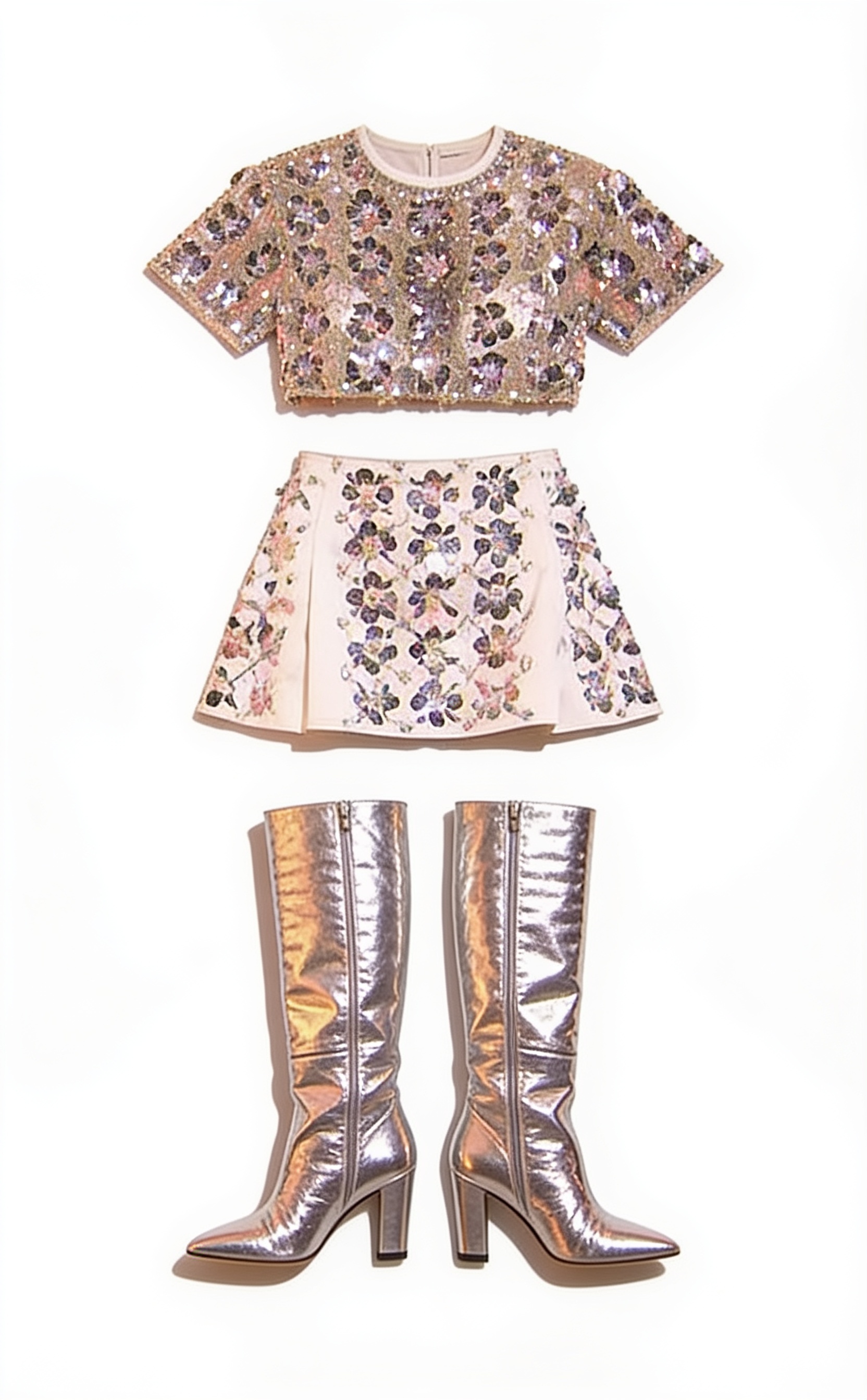 Floral embellished crop top and mini skirt