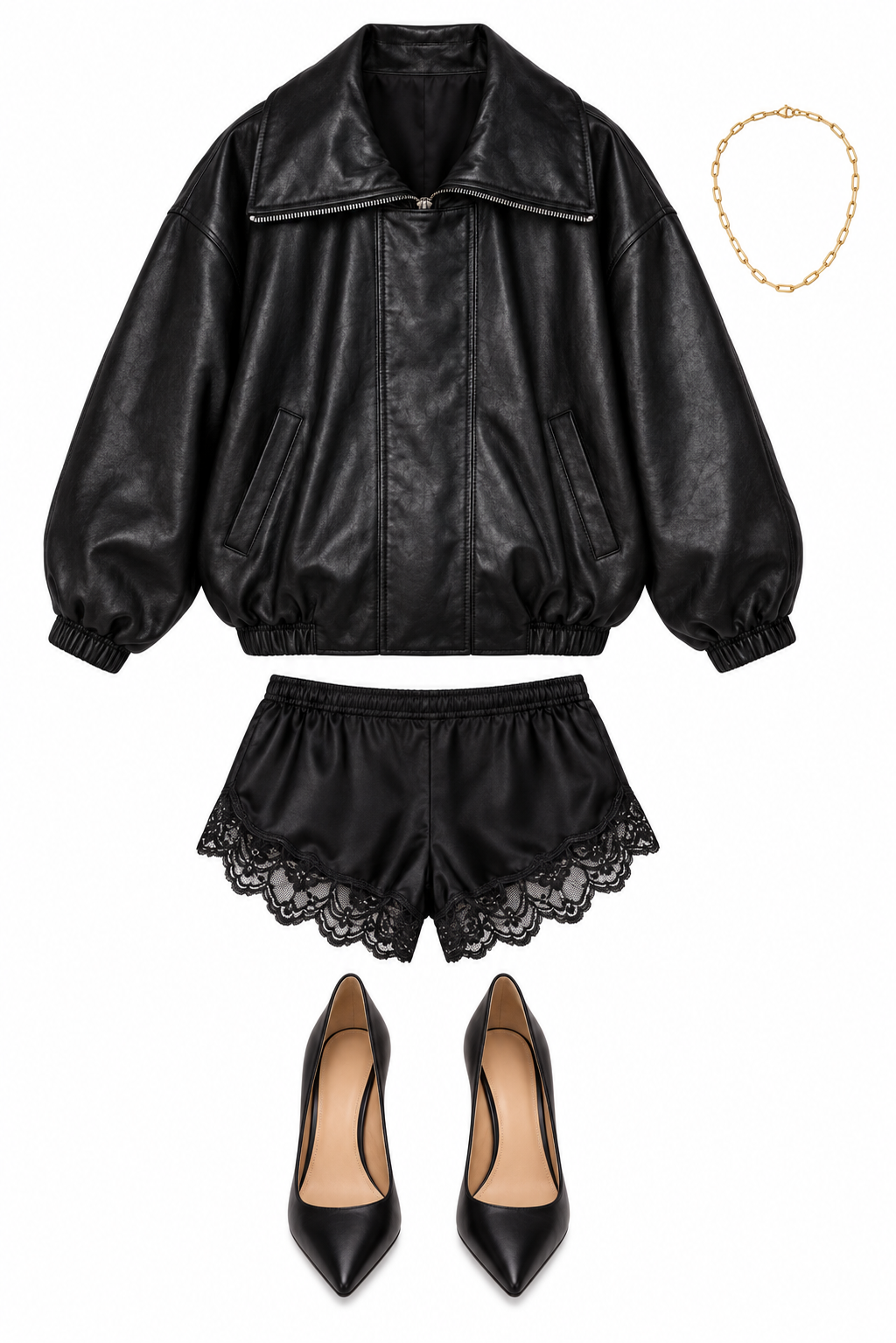 Black leather bomber and lace-trim shorts