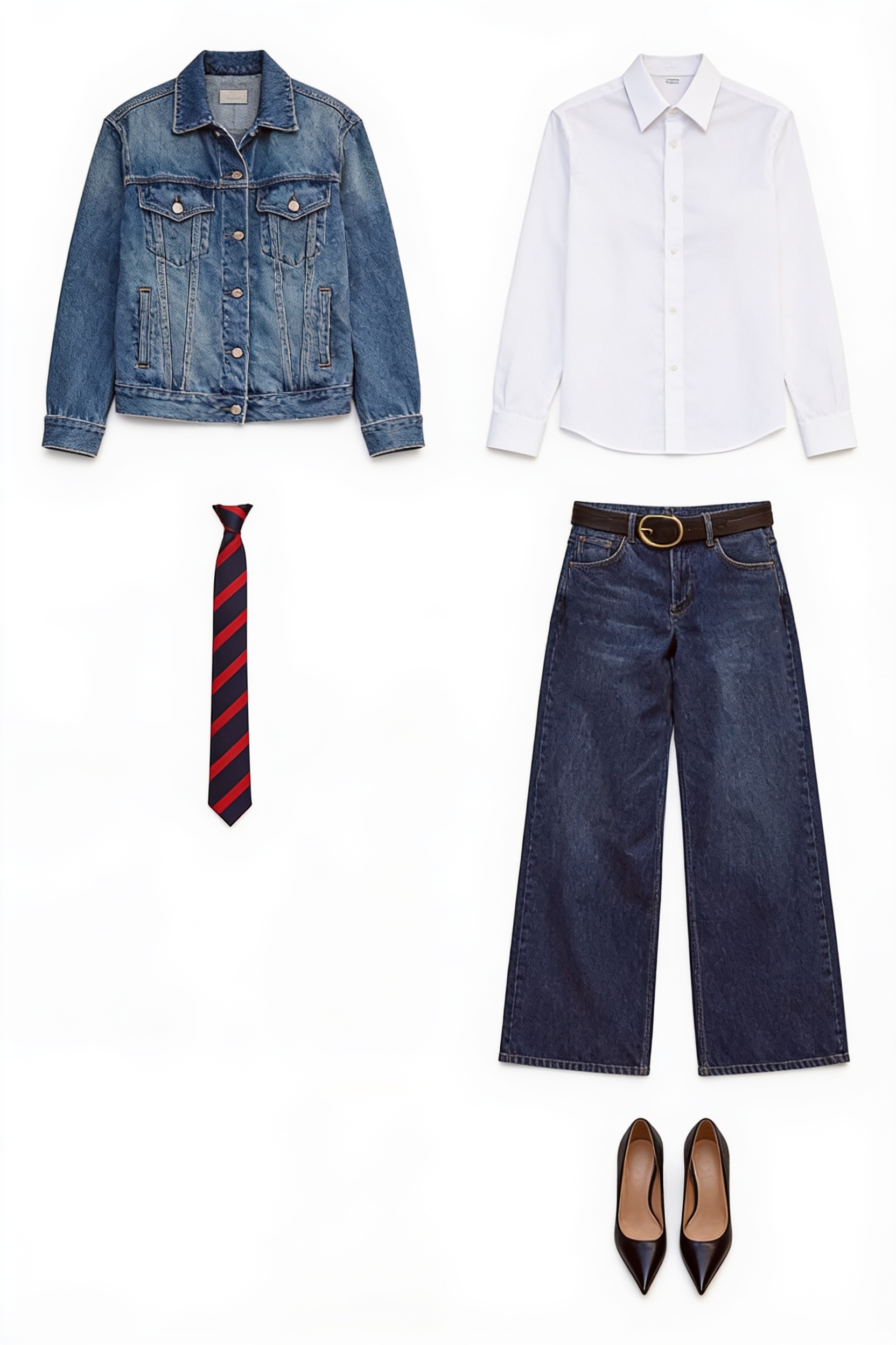 Denim jacket and relaxed dark trousers