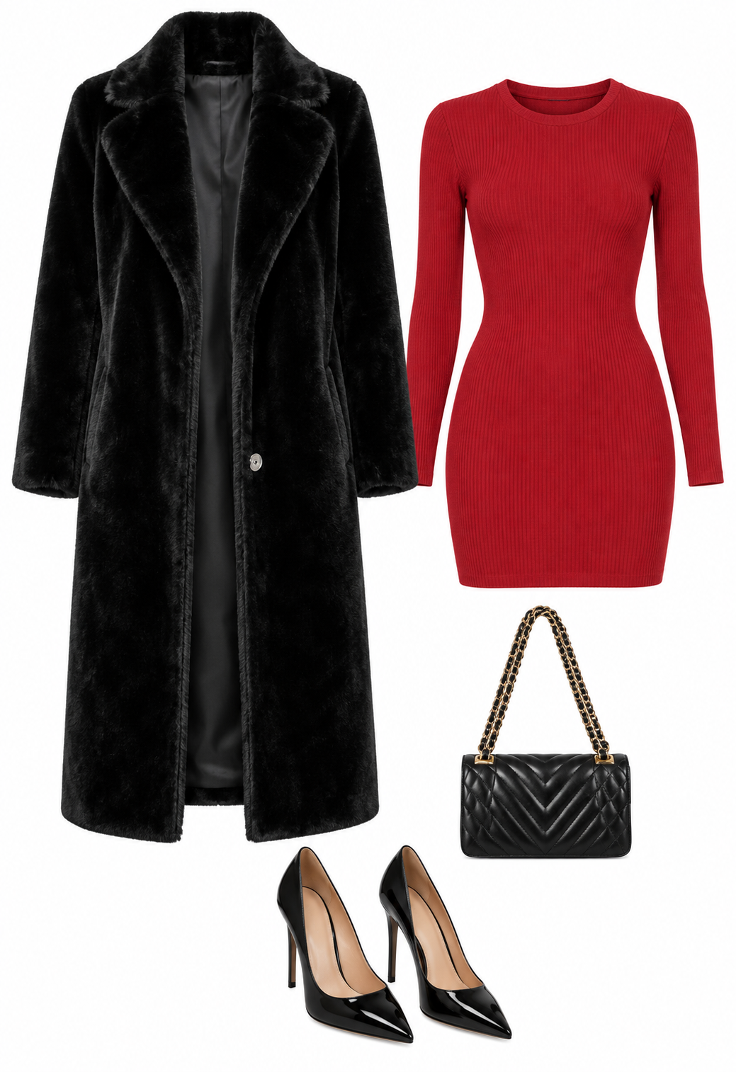Black plush coat and red mini dress