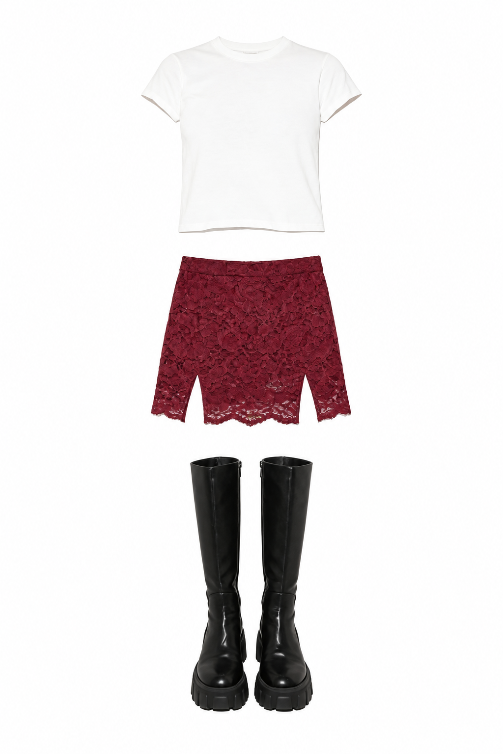White cap-sleeve top and burgundy lace-trim mini skirt