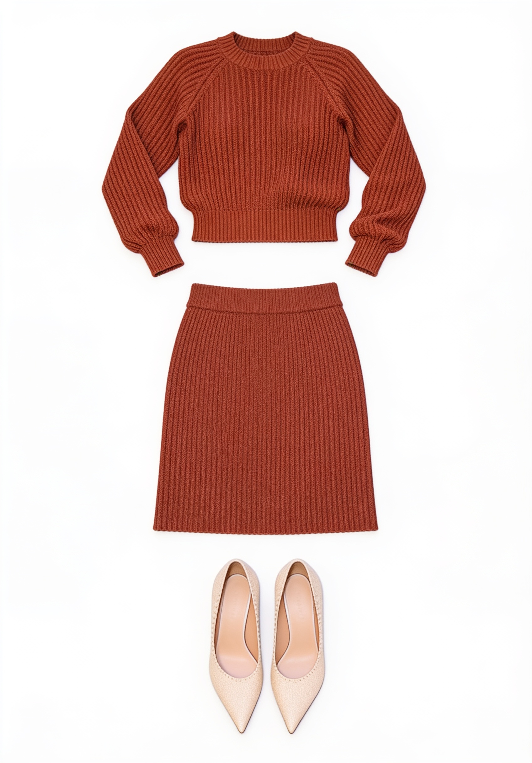Rust knit sweater and midi skirt